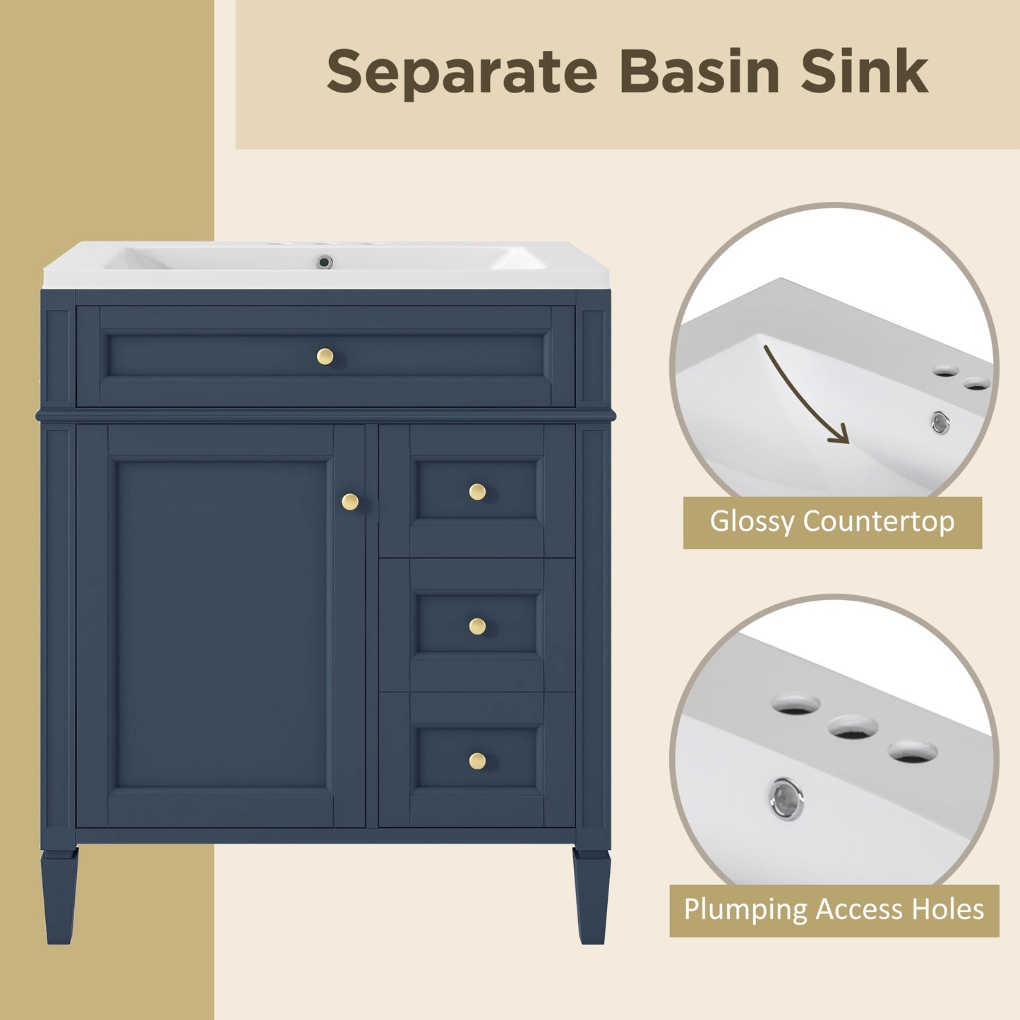 VanityFus 30-in Blue Bathroom Vanity Single Sink Combo with Resin Top Undermount 1 Soft Close Door 3 Drawers Adjustable Shelves