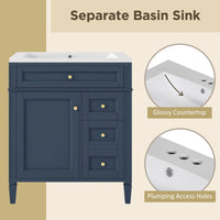 VanityFus 30-in Blue Bathroom Vanity Single Sink Combo with Resin Top Undermount 1 Soft Close Door 3 Drawers Adjustable Shelves