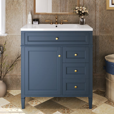 VanityFus 30-in Blue Bathroom Vanity Single Sink Combo with Resin Top Undermount 1 Soft Close Door 3 Drawers Adjustable Shelves