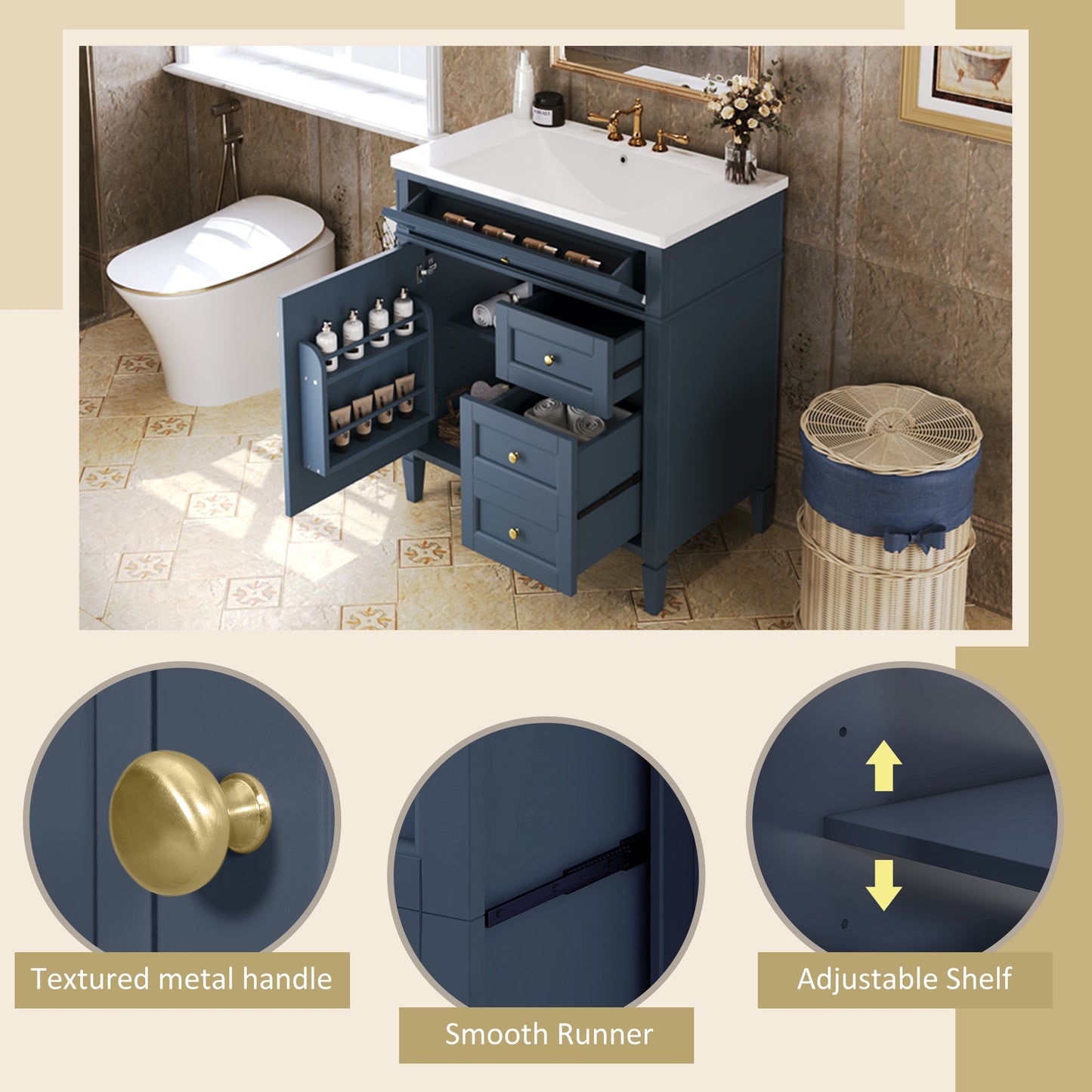 VanityFus 30-in Blue Bathroom Vanity Single Sink Combo with Resin Top Undermount 1 Soft Close Door 3 Drawers Adjustable Shelves