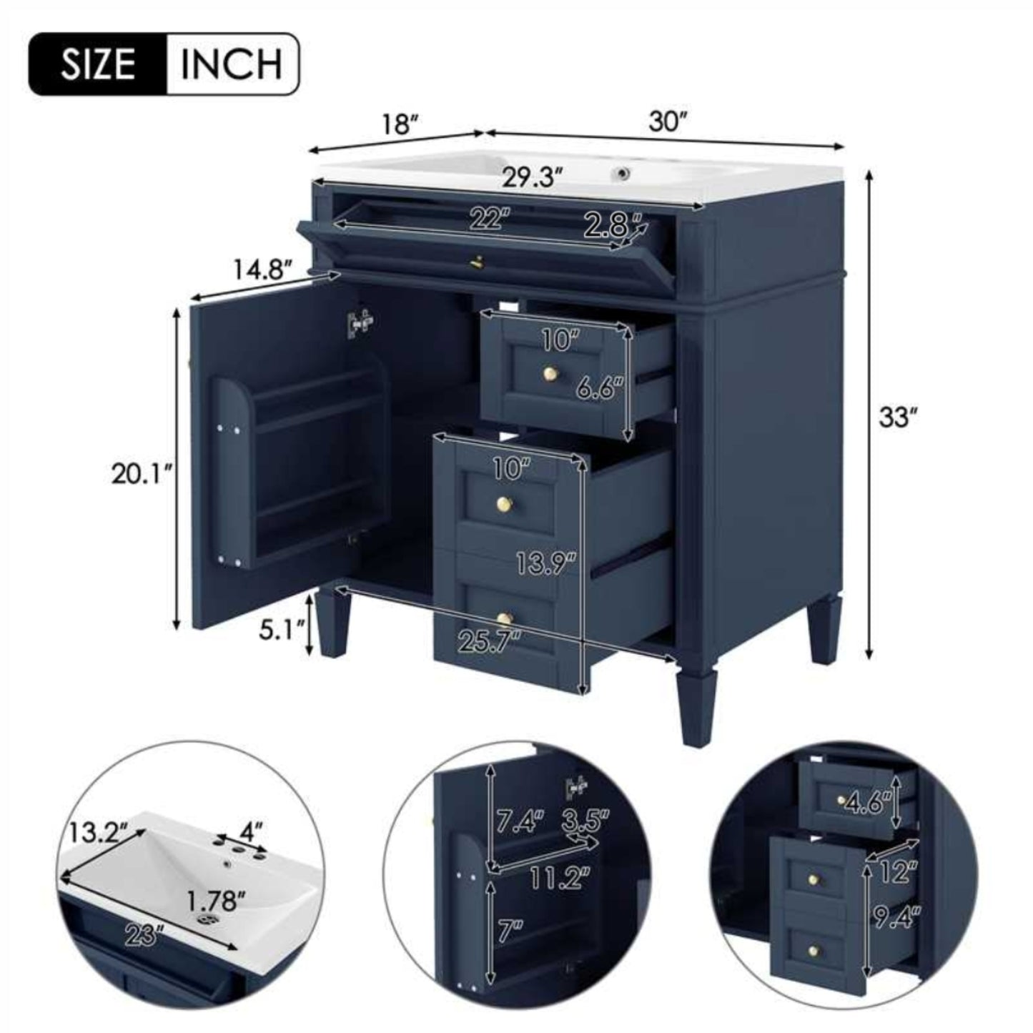VanityFus 30-in Blue Bathroom Vanity Single Sink Combo with Resin Top Undermount 1 Soft Close Door 3 Drawers Adjustable Shelves