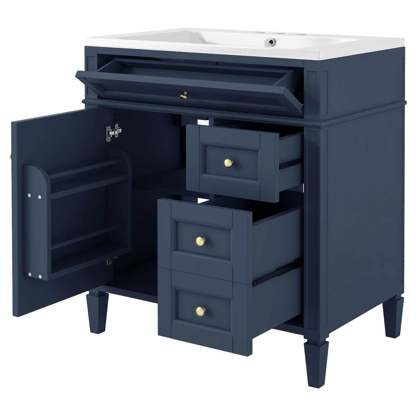 VanityFus 30-in Blue Bathroom Vanity Single Sink Combo with Resin Top Undermount 1 Soft Close Door 3 Drawers Adjustable Shelves