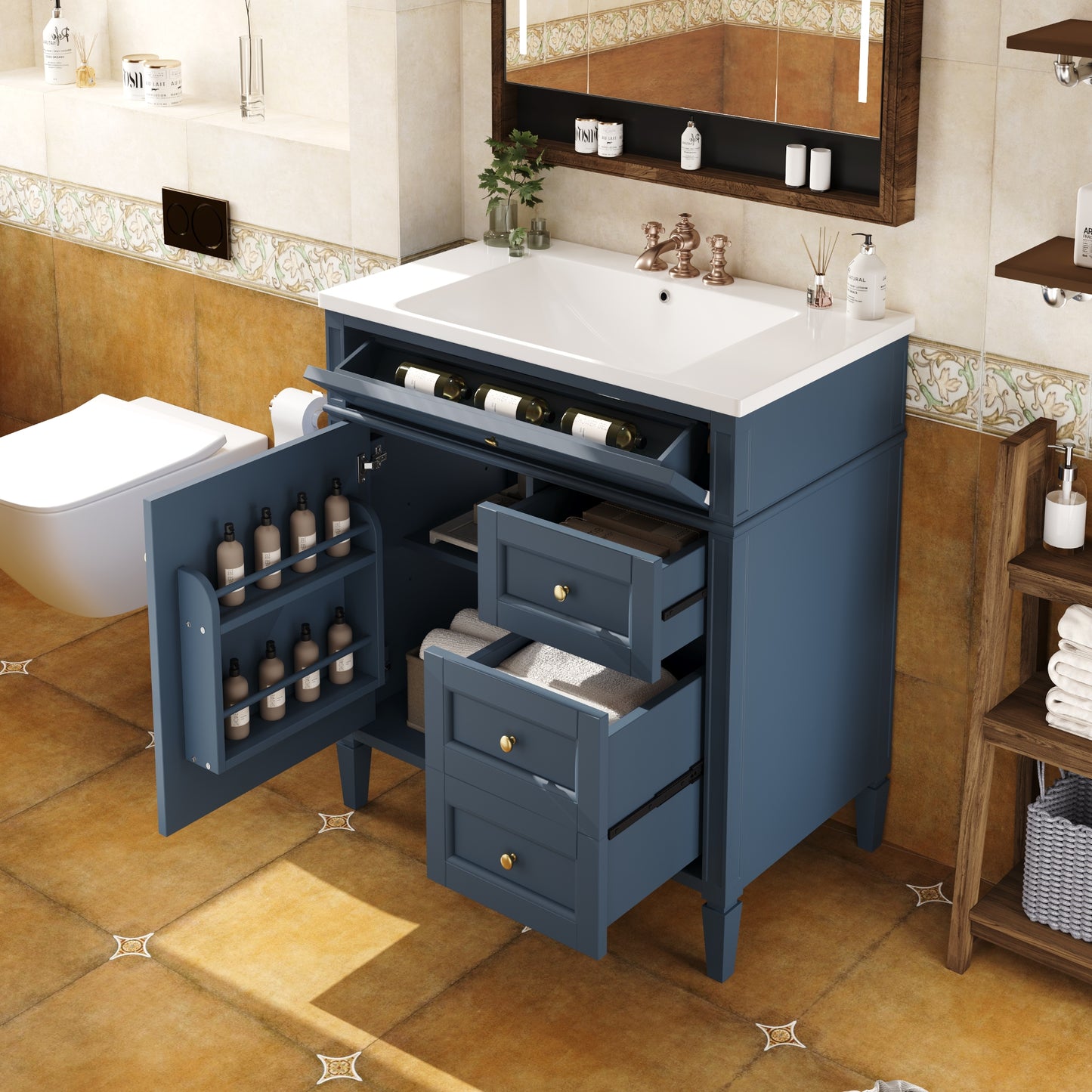 VanityFus 30-in Blue Bathroom Vanity Single Sink Combo with Resin Top Undermount 1 Soft Close Door 3 Drawers Adjustable Shelves