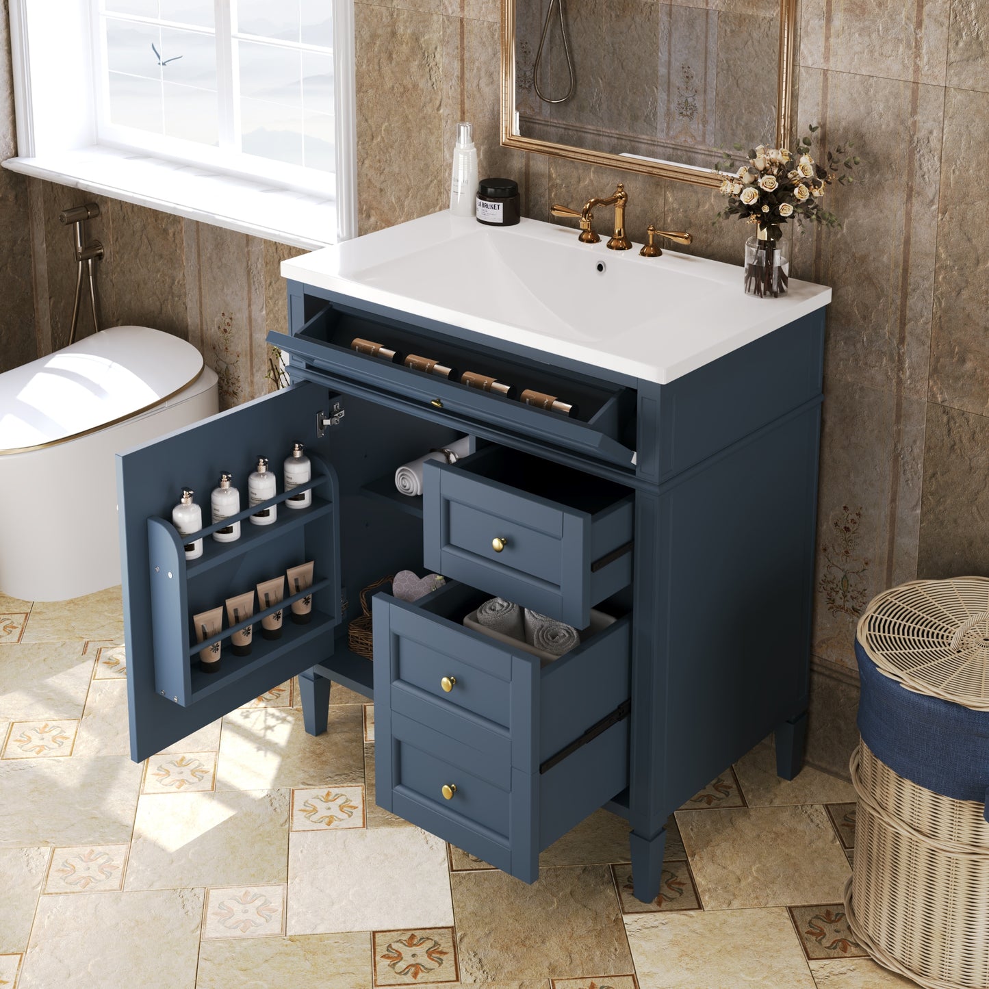 VanityFus 30-in Blue Bathroom Vanity Single Sink Combo with Resin Top Undermount 1 Soft Close Door 3 Drawers Adjustable Shelves
