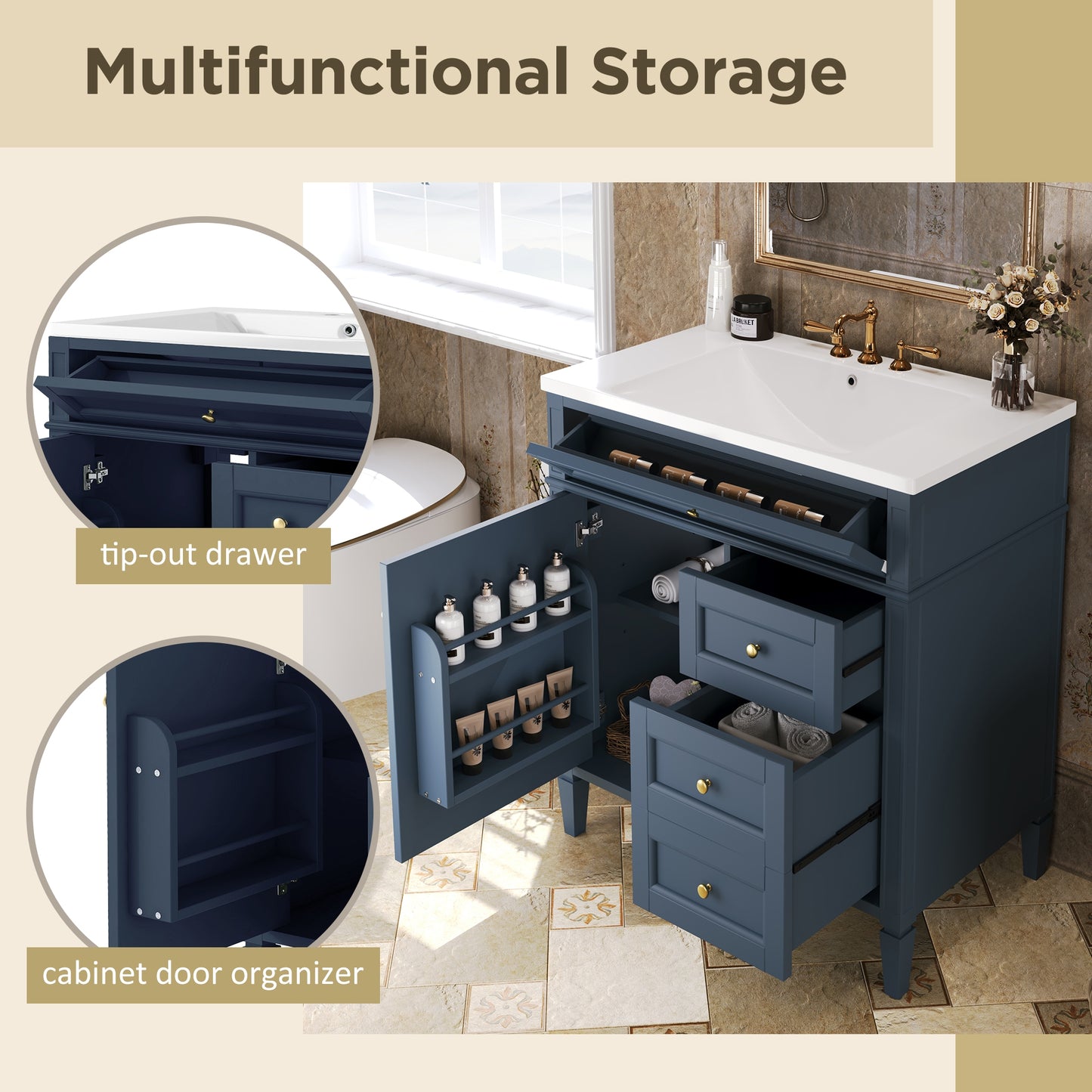 VanityFus 30-in Blue Bathroom Vanity Single Sink Combo with Resin Top Undermount 1 Soft Close Door 3 Drawers Adjustable Shelves