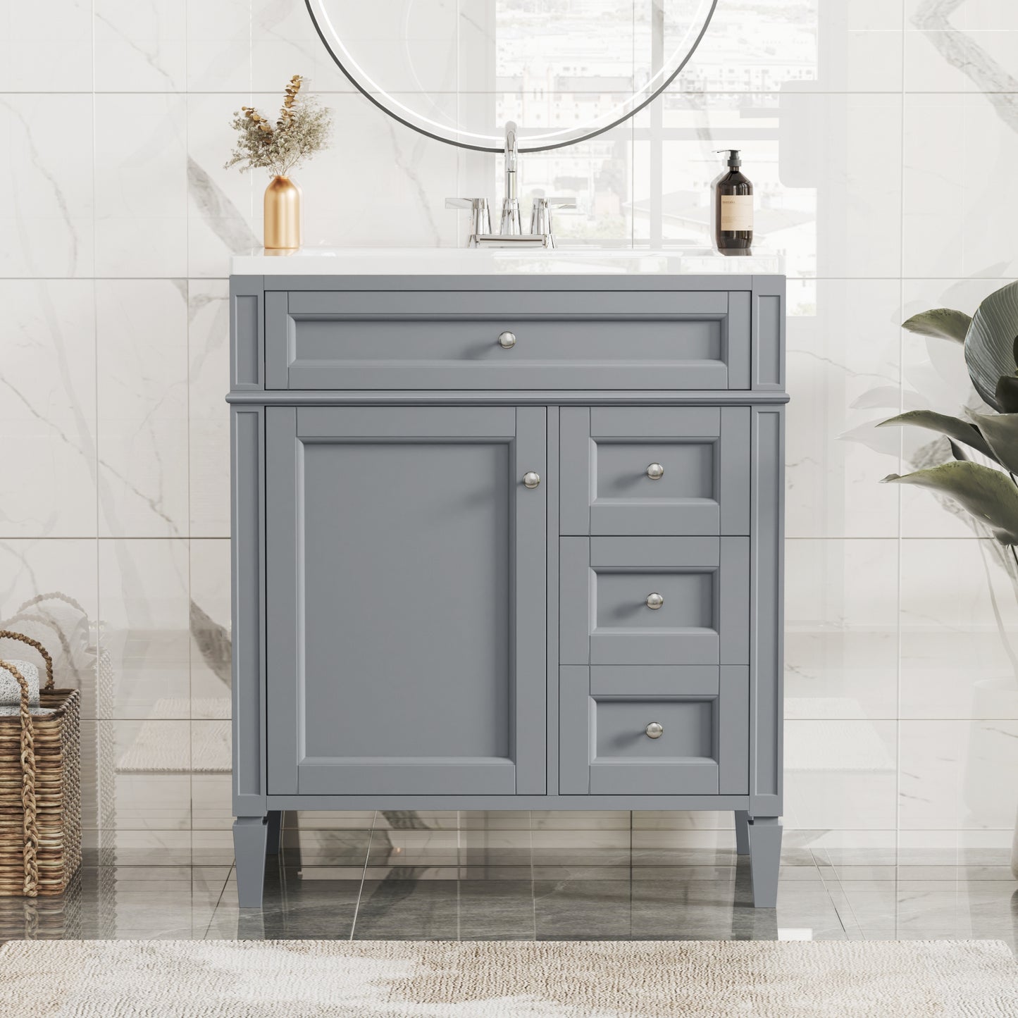 VanityFus 30-in Gray Bathroom Vanity Single Sink Combo with Resin Top Undermount 1 Soft Close Door 3 Drawers Adjustable Shelves