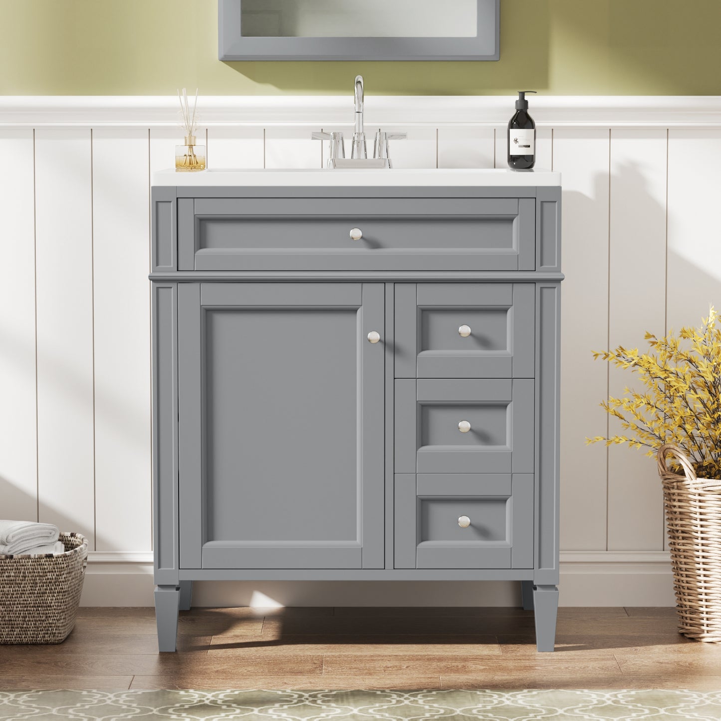 VanityFus 30-in Gray Bathroom Vanity Single Sink Combo with Resin Top Undermount 1 Soft Close Door 3 Drawers Adjustable Shelves