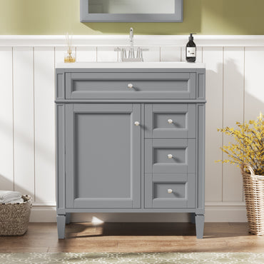 VanityFus 30-in Gray Bathroom Vanity Single Sink Combo with Resin Top Undermount 1 Soft Close Door 3 Drawers Adjustable Shelves