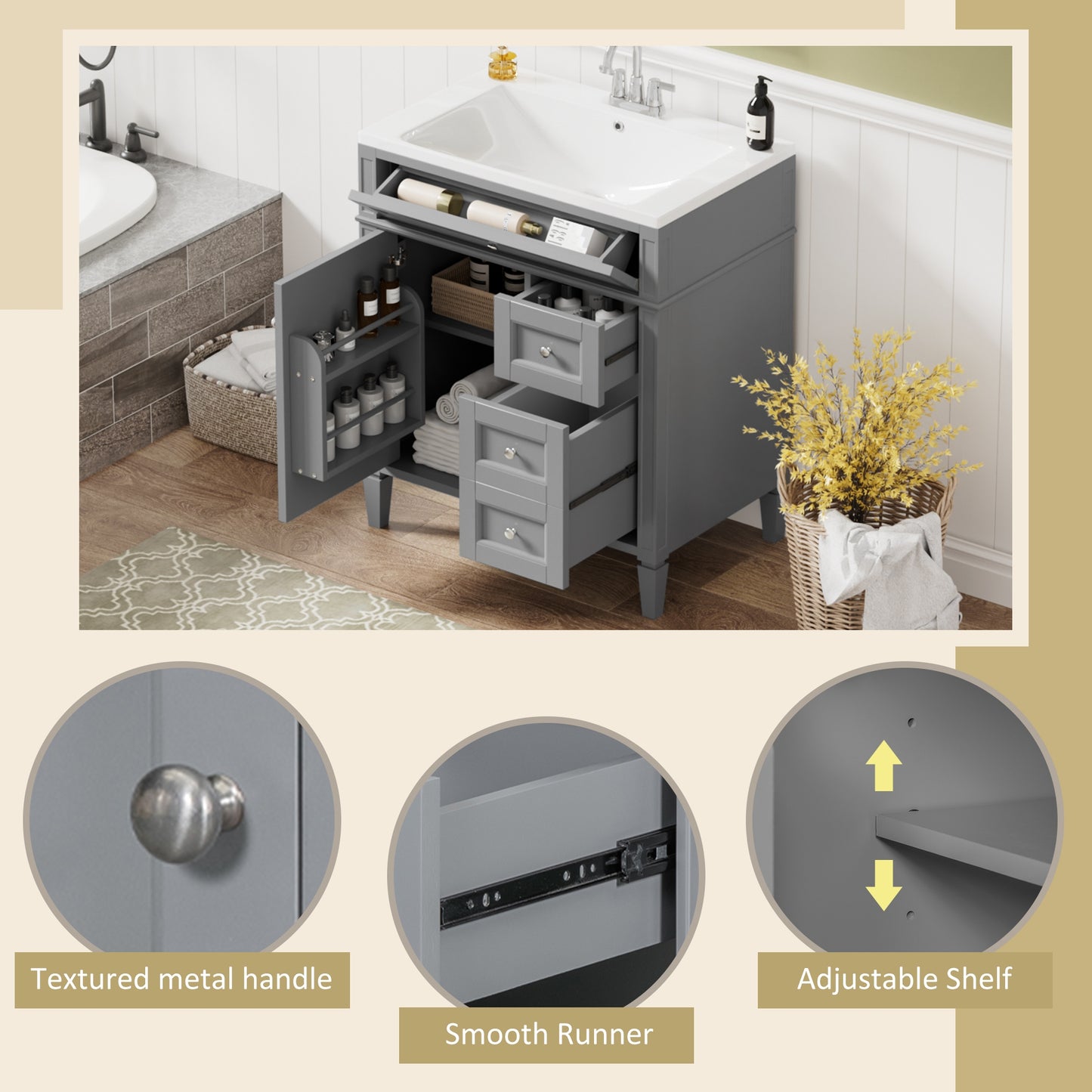 VanityFus 30-in Gray Bathroom Vanity Single Sink Combo with Resin Top Undermount 1 Soft Close Door 3 Drawers Adjustable Shelves