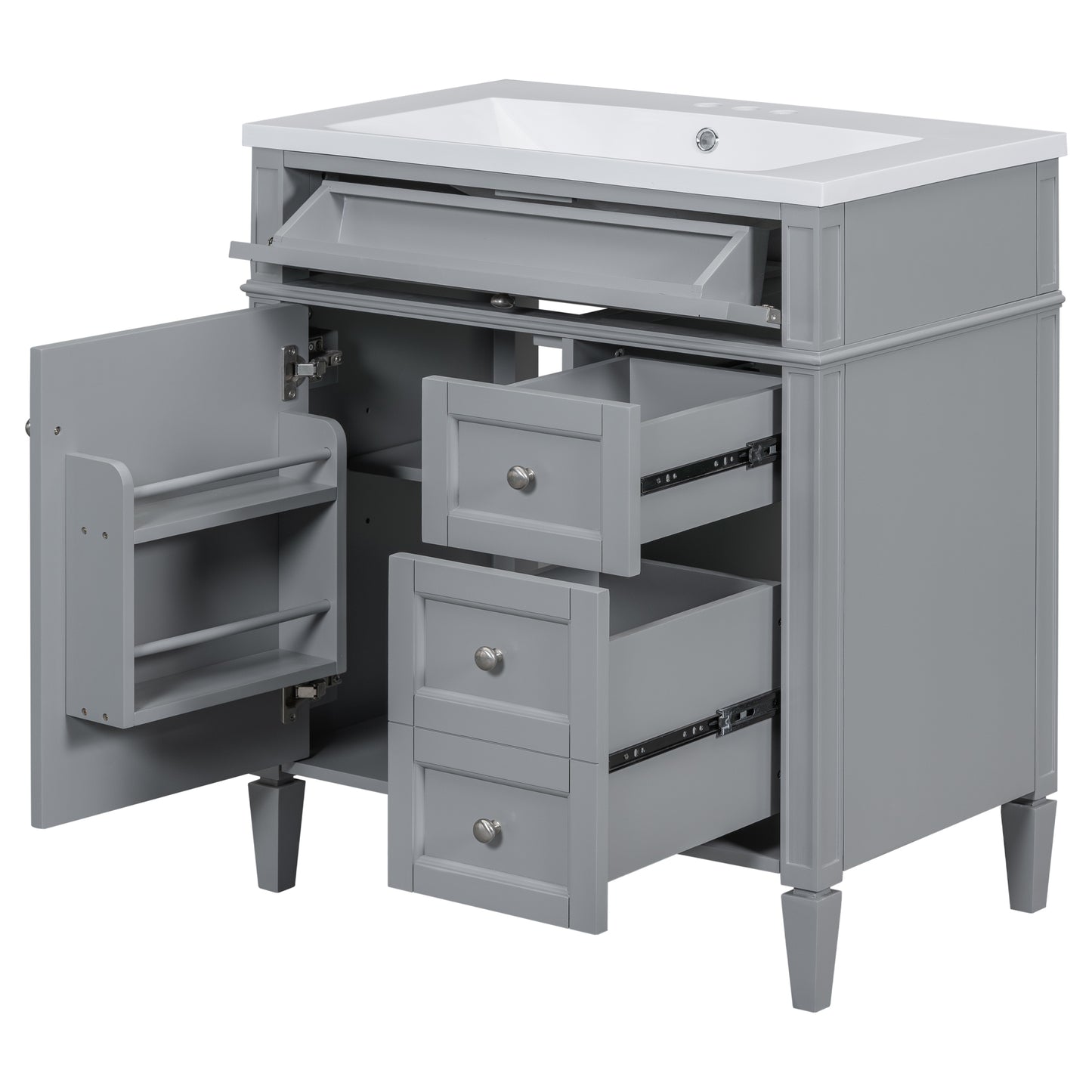 VanityFus 30-in Gray Bathroom Vanity Single Sink Combo with Resin Top Undermount 1 Soft Close Door 3 Drawers Adjustable Shelves