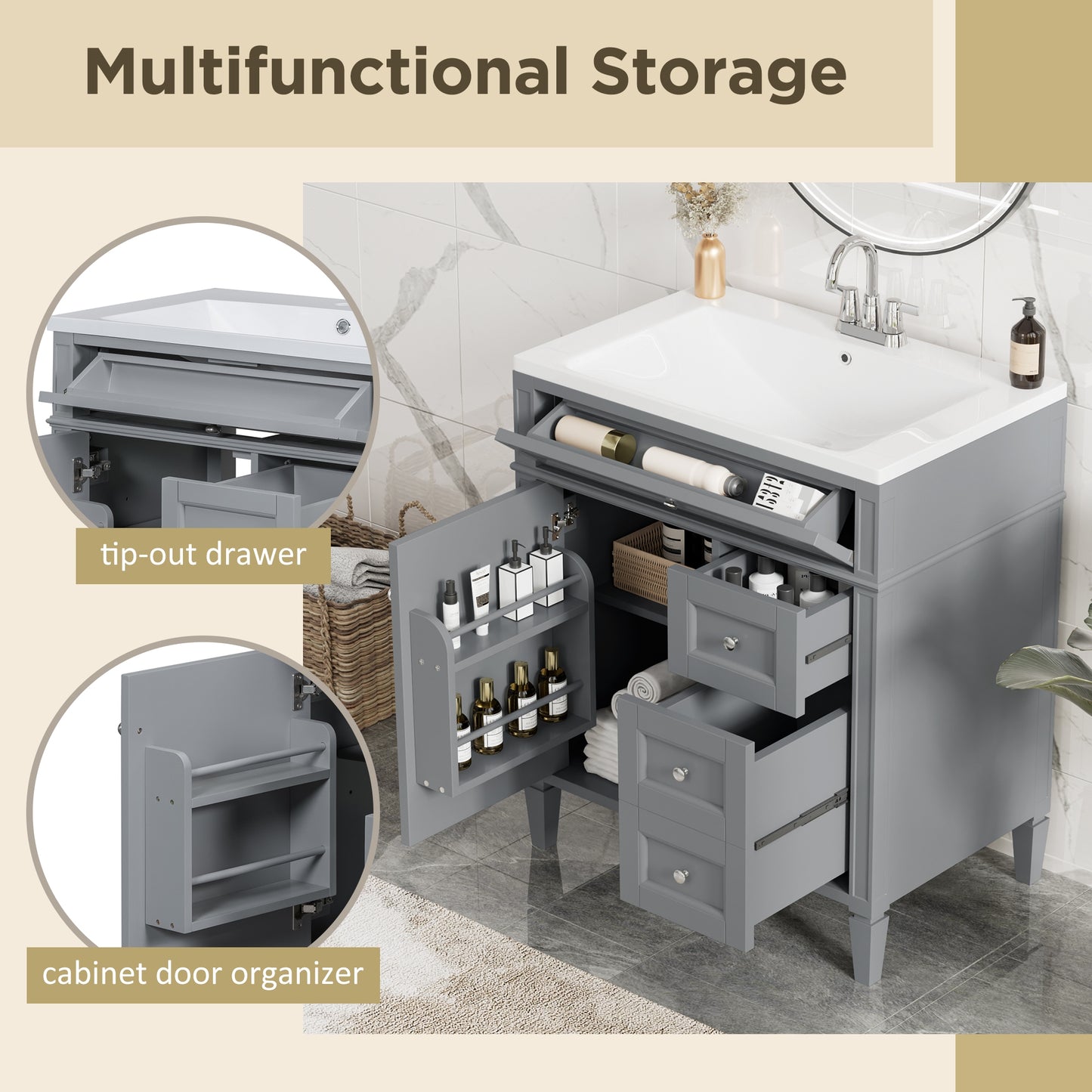 VanityFus 30-in Gray Bathroom Vanity Single Sink Combo with Resin Top Undermount 1 Soft Close Door 3 Drawers Adjustable Shelves