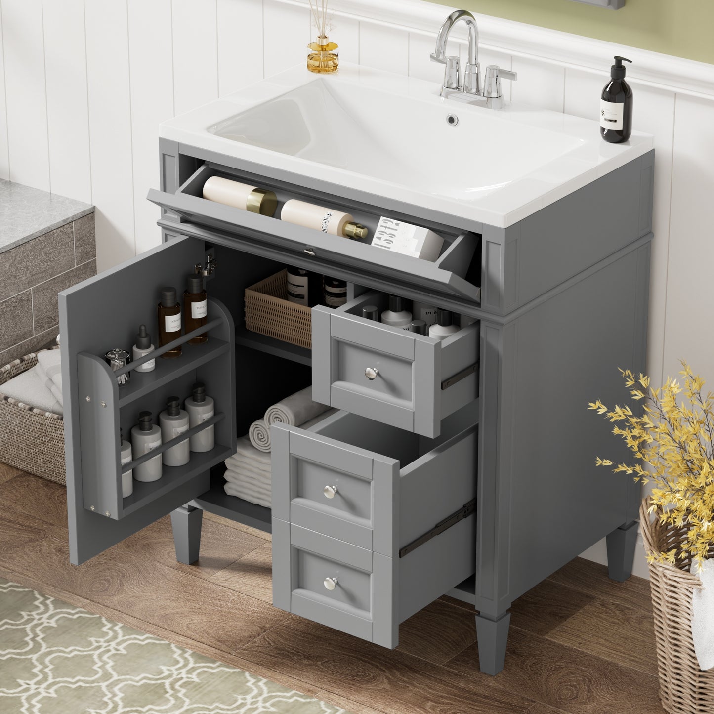 VanityFus 30-in Gray Bathroom Vanity Single Sink Combo with Resin Top Undermount 1 Soft Close Door 3 Drawers Adjustable Shelves