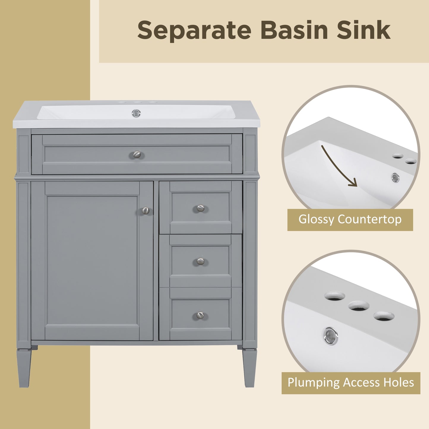 VanityFus 30-in Gray Bathroom Vanity Single Sink Combo with Resin Top Undermount 1 Soft Close Door 3 Drawers Adjustable Shelves