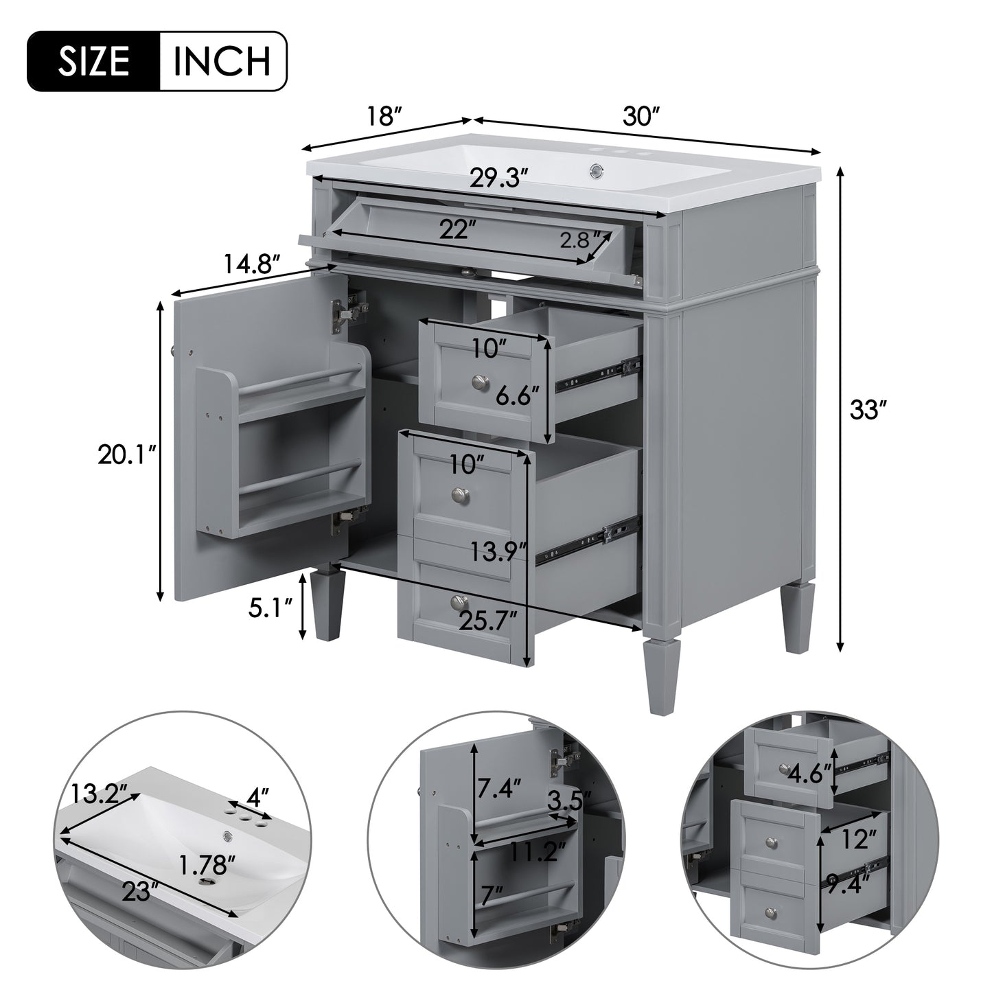 VanityFus 30-in Gray Bathroom Vanity Single Sink Combo with Resin Top Undermount 1 Soft Close Door 3 Drawers Adjustable Shelves