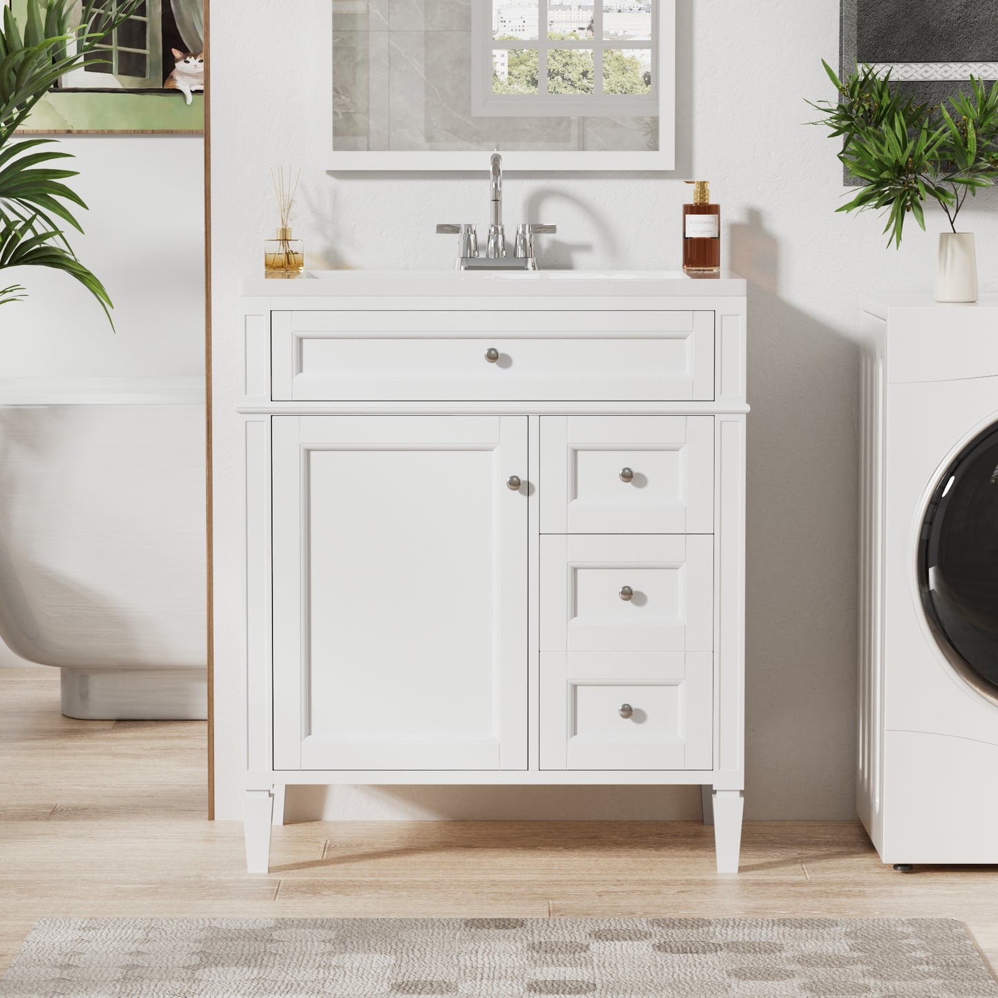 VanityFus 30-in White Bathroom Vanity Single Sink Combo with Resin Top Undermount 1 Soft Close Door 3 Drawers Adjustable Shelves