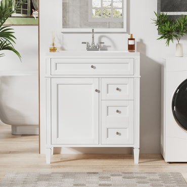 VanityFus 30-in White Bathroom Vanity Single Sink Combo with Resin Top Undermount 1 Soft Close Door 3 Drawers Adjustable Shelves