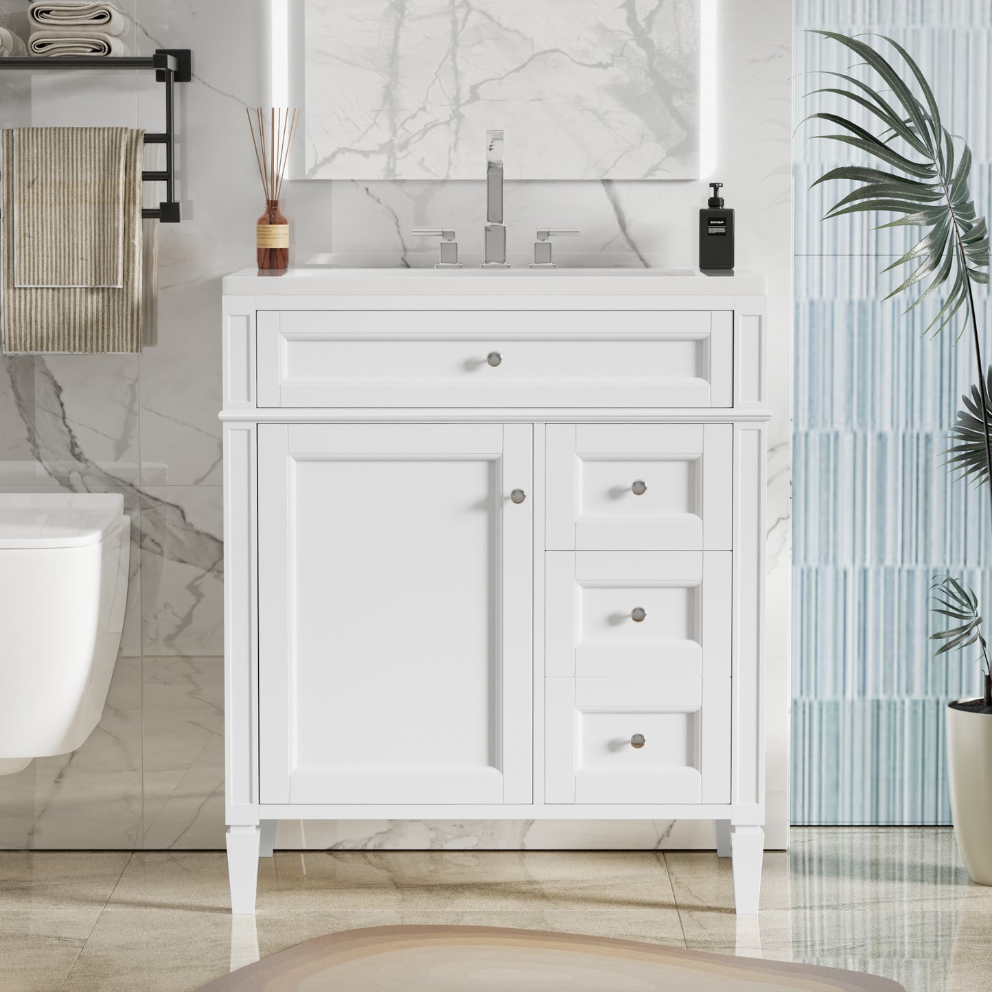 VanityFus 30-in White Bathroom Vanity Single Sink Combo with Resin Top Undermount 1 Soft Close Door 3 Drawers Adjustable Shelves