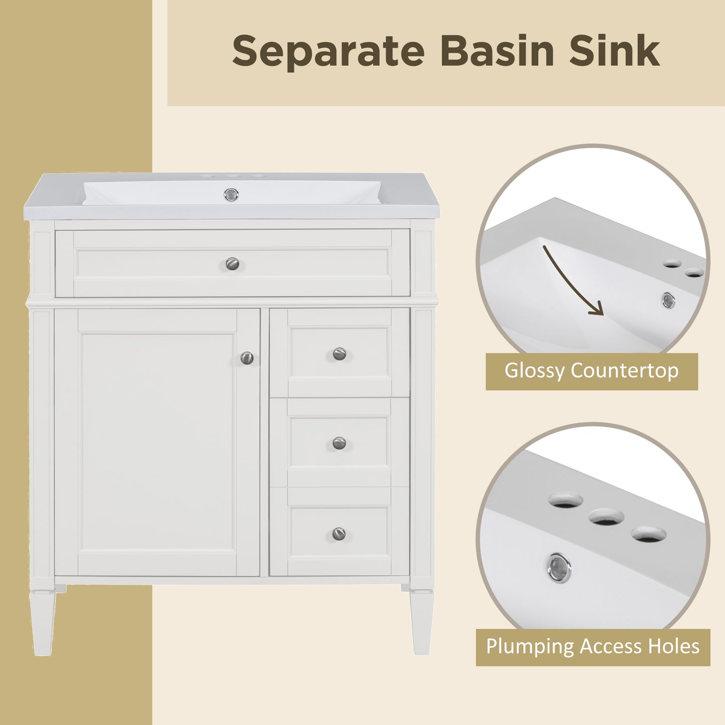 VanityFus 30-in White Bathroom Vanity Single Sink Combo with Resin Top Undermount 1 Soft Close Door 3 Drawers Adjustable Shelves