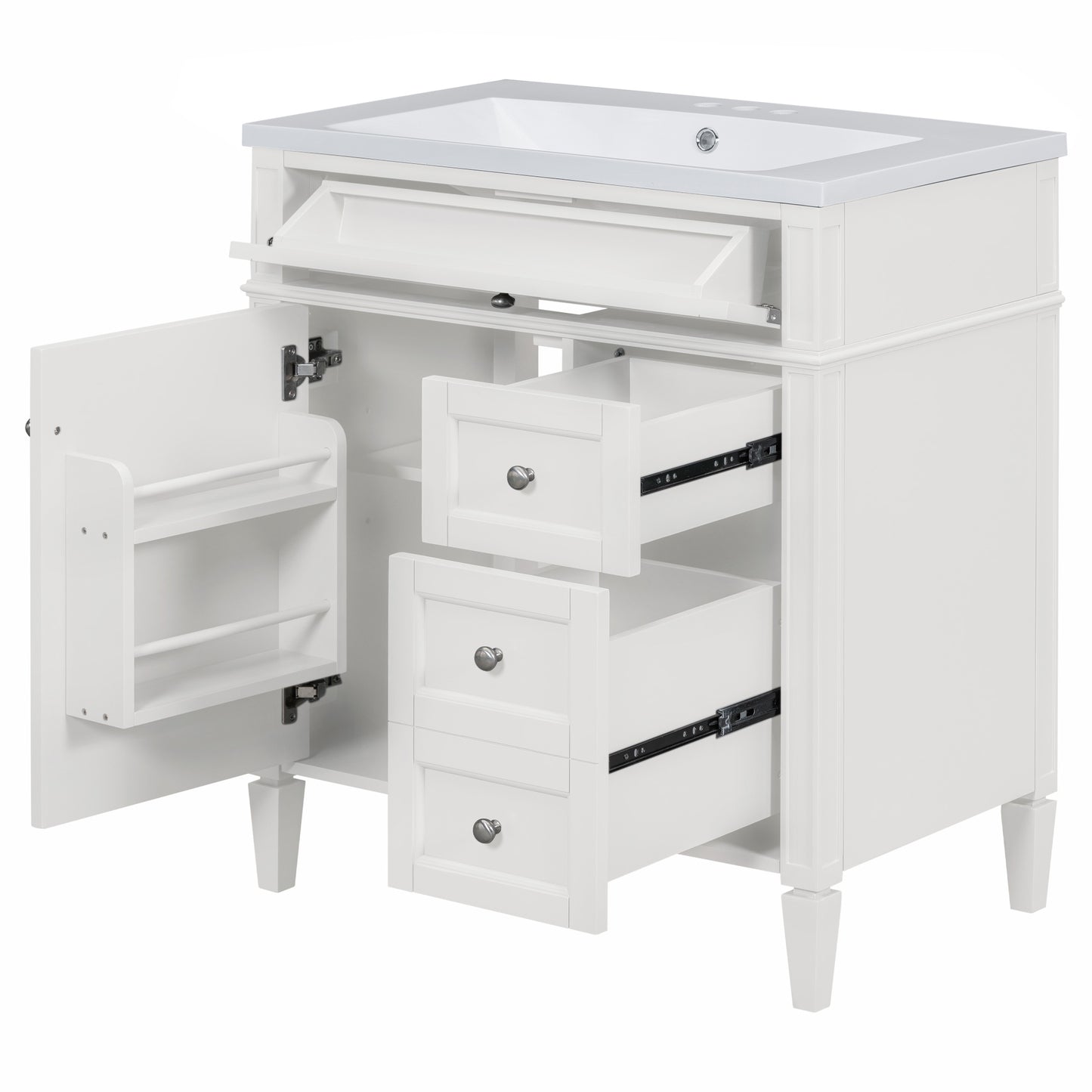 VanityFus 30-in White Bathroom Vanity Single Sink Combo with Resin Top Undermount 1 Soft Close Door 3 Drawers Adjustable Shelves