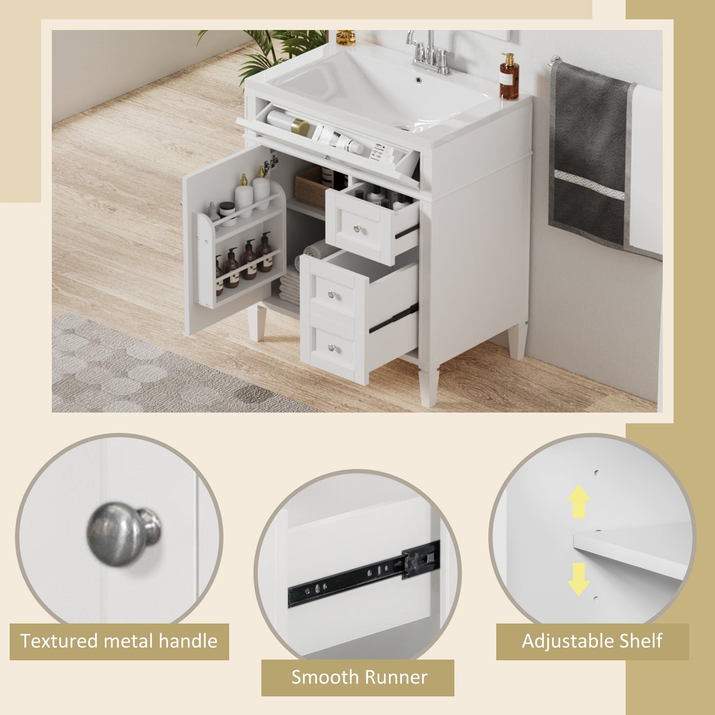 VanityFus 30-in White Bathroom Vanity Single Sink Combo with Resin Top Undermount 1 Soft Close Door 3 Drawers Adjustable Shelves
