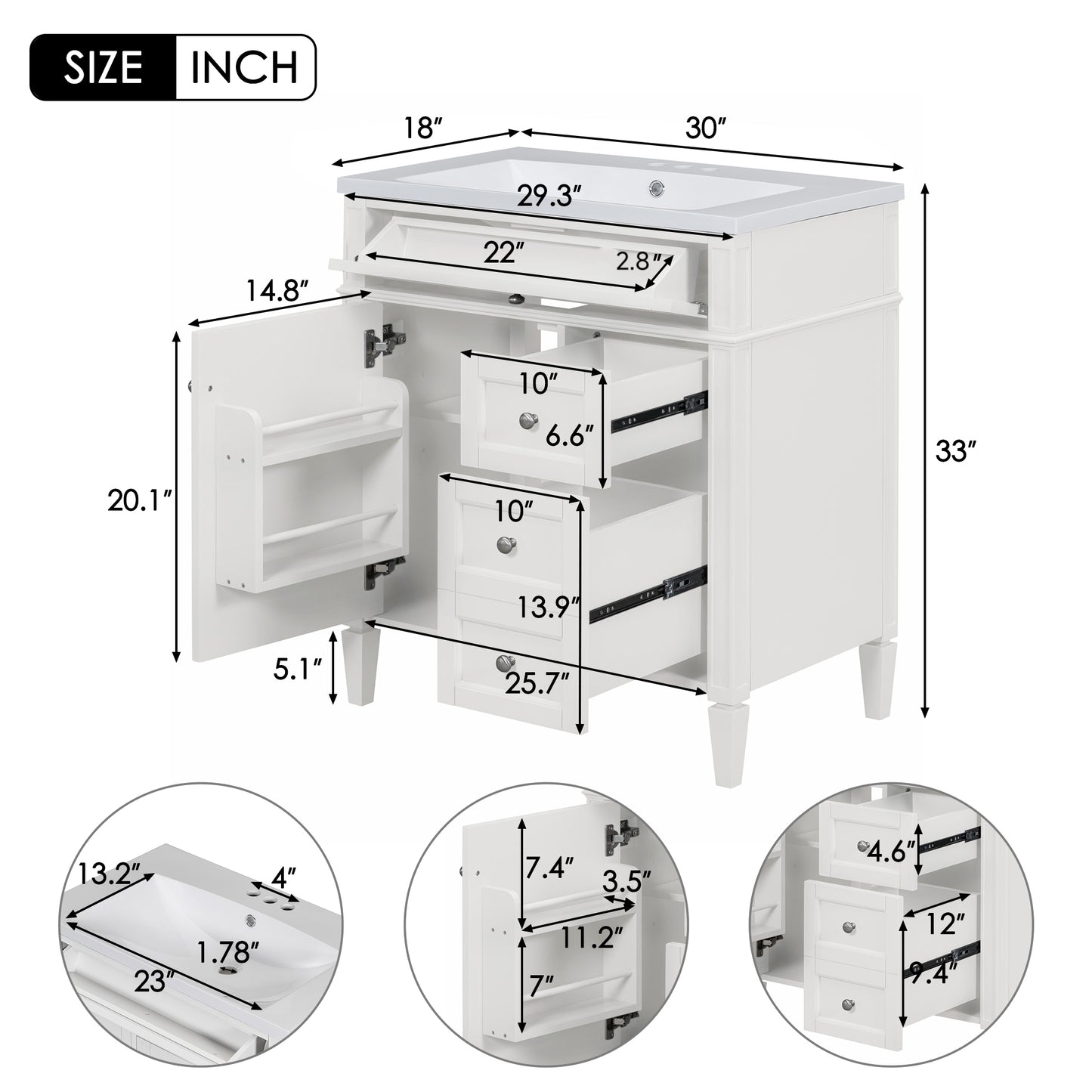 VanityFus 30-in White Bathroom Vanity Single Sink Combo with Resin Top Undermount 1 Soft Close Door 3 Drawers Adjustable Shelves