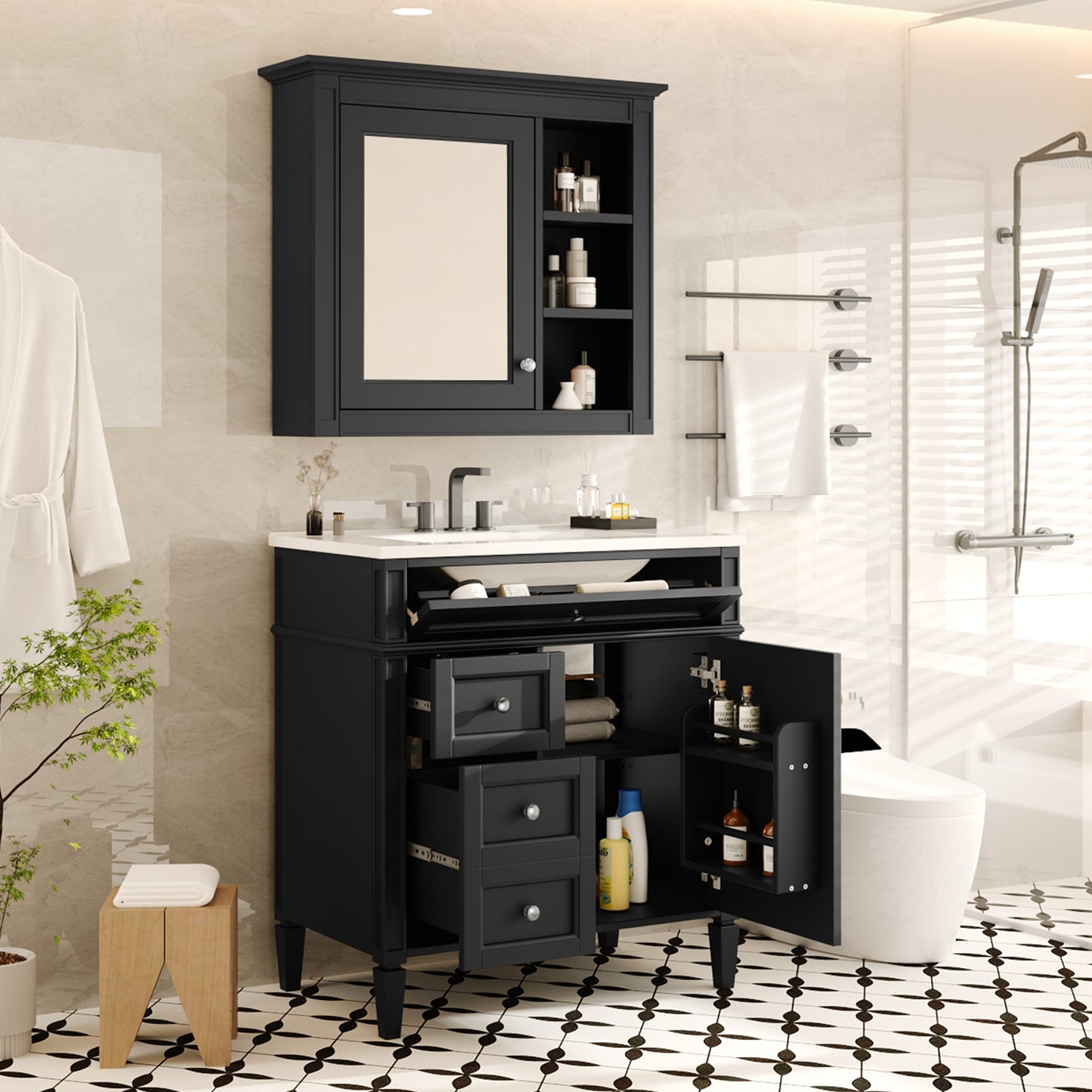 VanityFus 30-in Black Bathroom Vanity Single Sink Medicine Cabinet Combo with Ceramic Top Undermount 2 Soft Close Doors 3 Drawers (Mirror Included) Adjustable Shelves