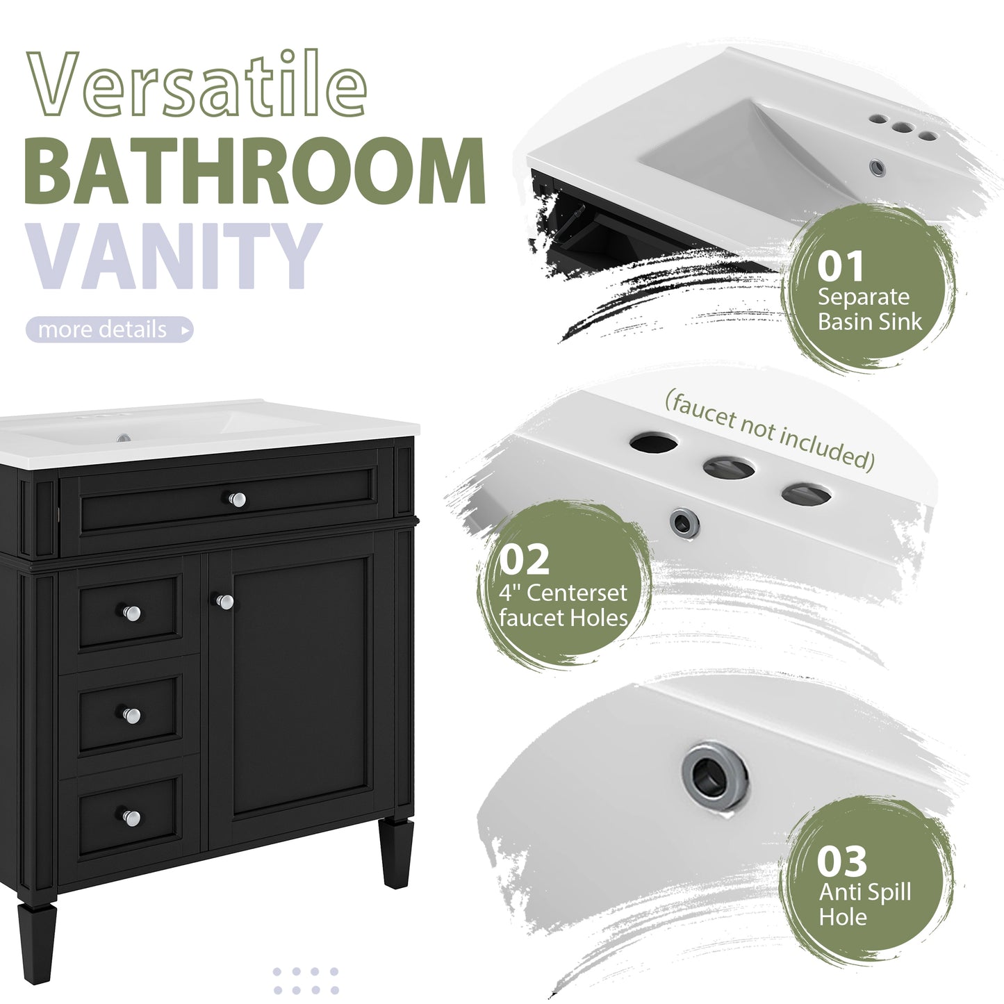 VanityFus 30-in Black Bathroom Vanity Single Sink Medicine Cabinet Combo with Ceramic Top Undermount 2 Soft Close Doors 3 Drawers (Mirror Included) Adjustable Shelves