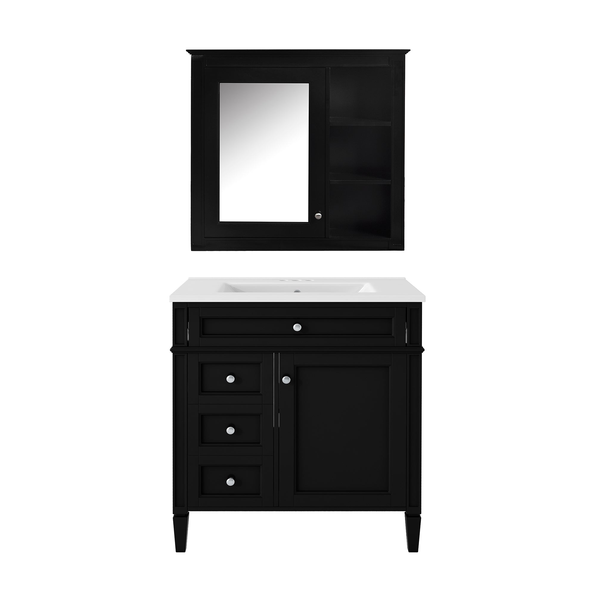 VanityFus 30-in Black Bathroom Vanity Single Sink Medicine Cabinet Combo with Ceramic Top Undermount 2 Soft Close Doors 3 Drawers (Mirror Included) Adjustable Shelves