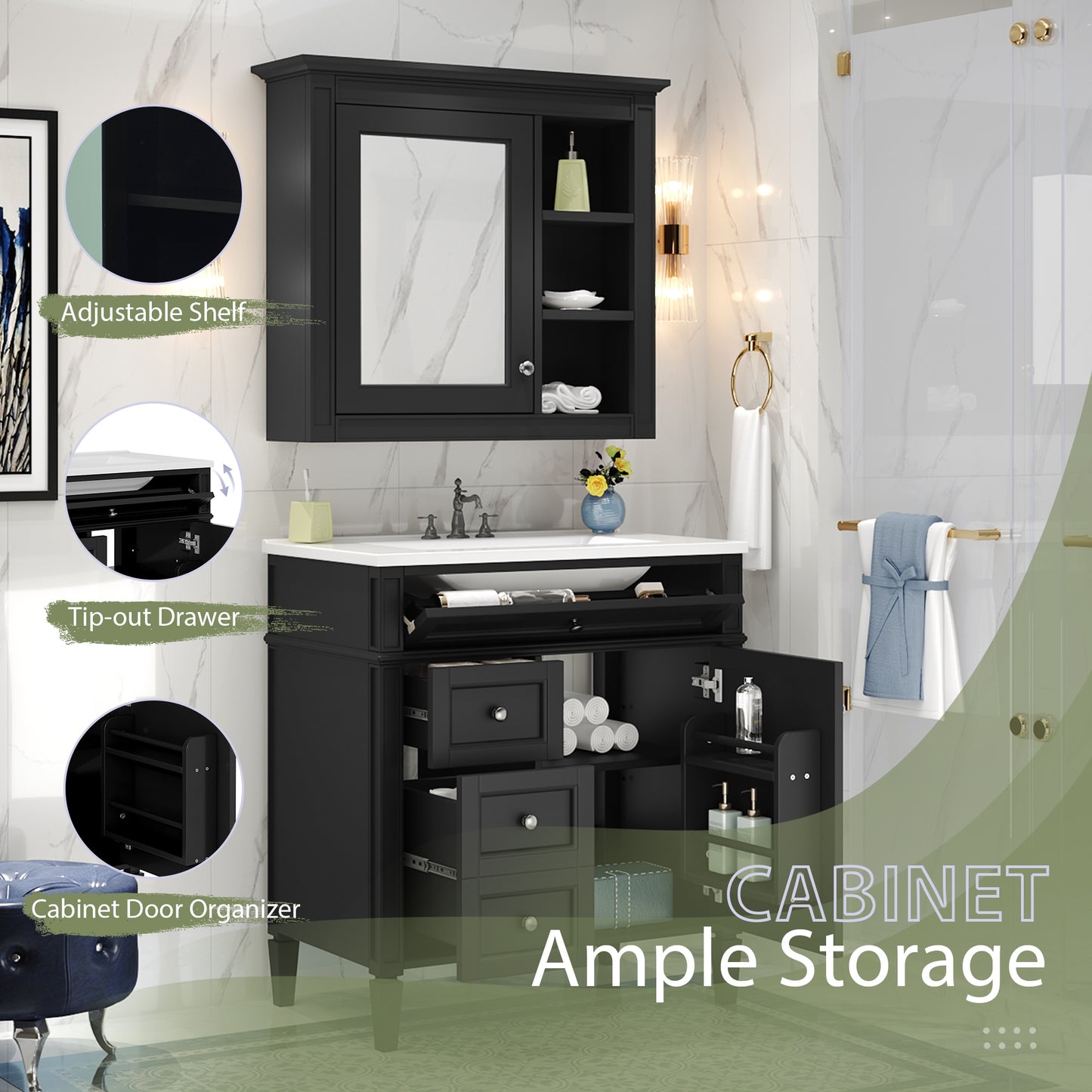VanityFus 30-in Black Bathroom Vanity Single Sink Medicine Cabinet Combo with Ceramic Top Undermount 2 Soft Close Doors 3 Drawers (Mirror Included) Adjustable Shelves
