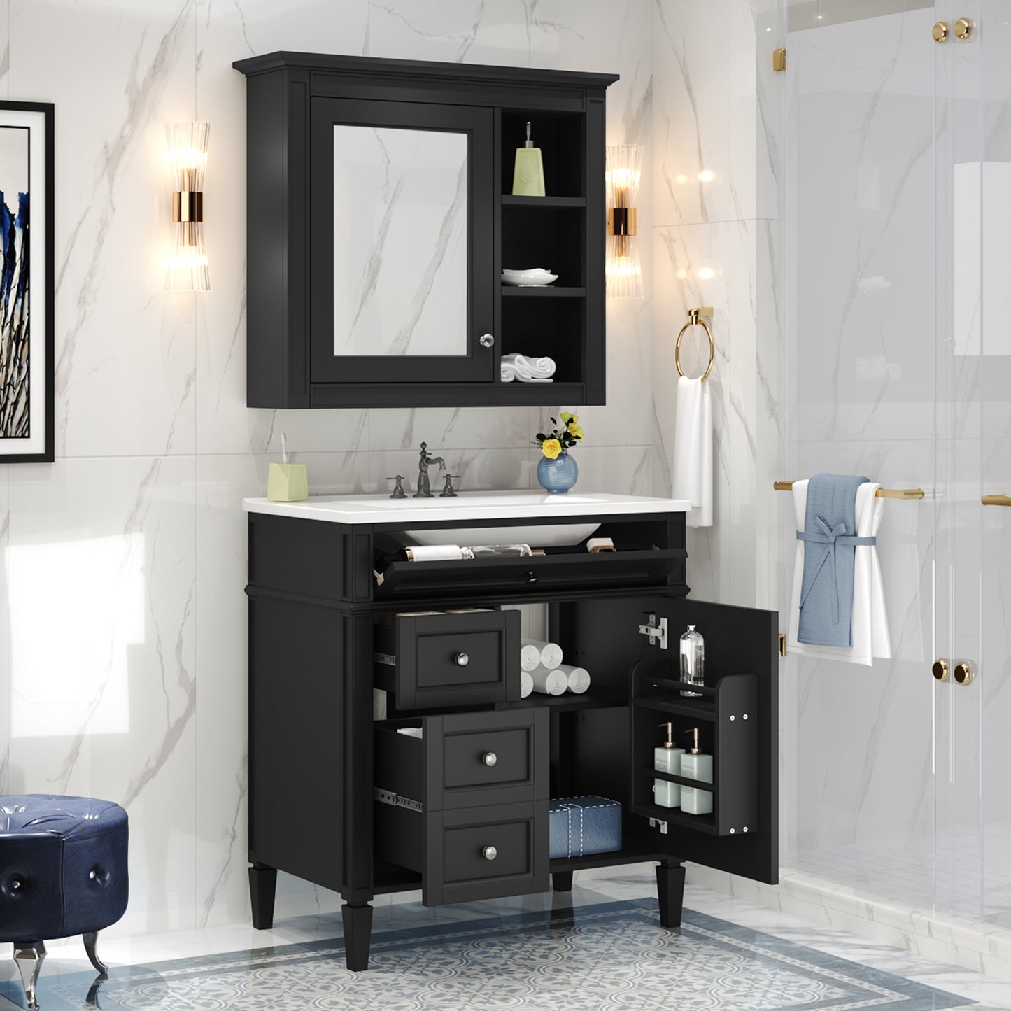 VanityFus 30-in Black Bathroom Vanity Single Sink Medicine Cabinet Combo with Ceramic Top Undermount 2 Soft Close Doors 3 Drawers (Mirror Included) Adjustable Shelves