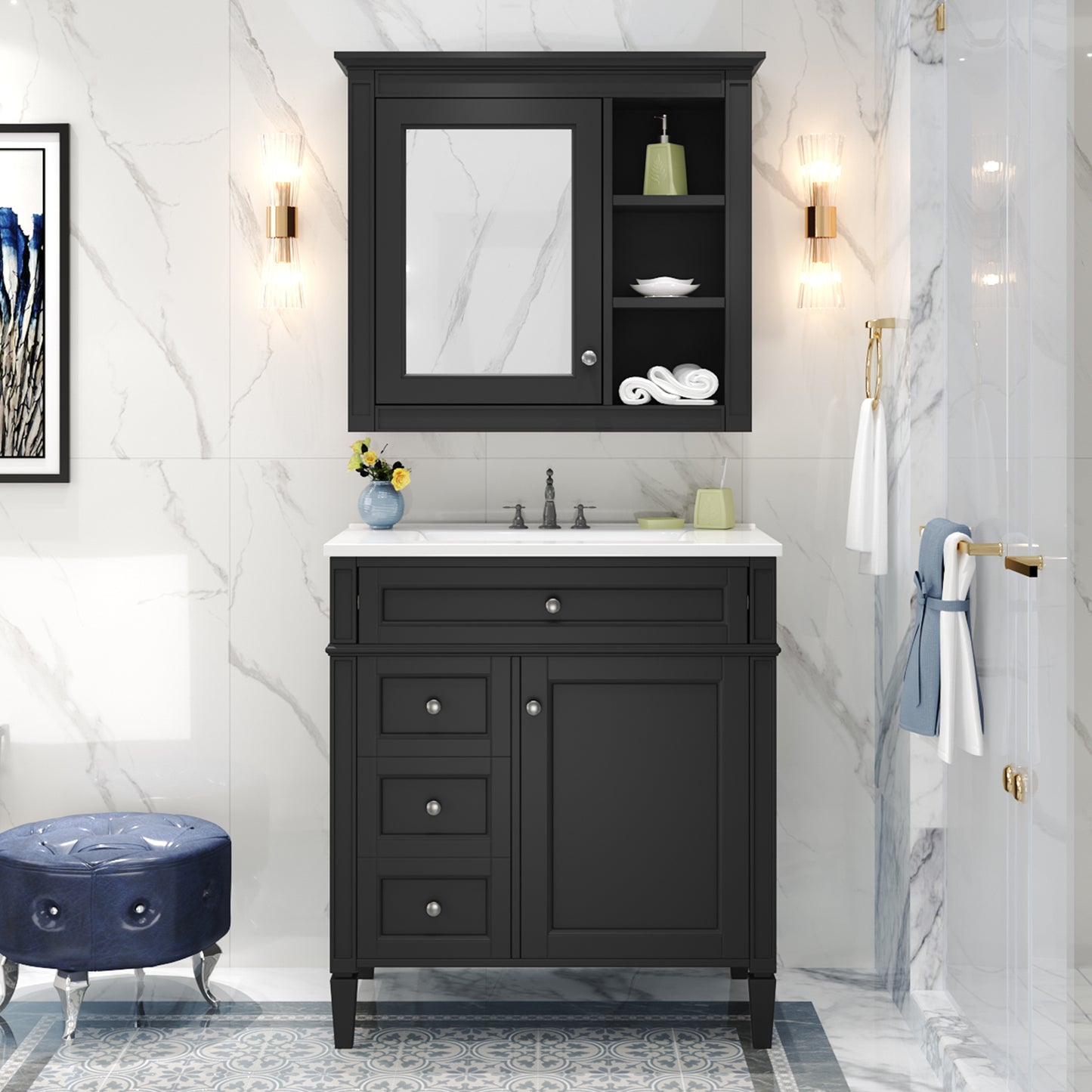 VanityFus 30-in Black Bathroom Vanity Single Sink Medicine Cabinet Combo with Ceramic Top Undermount 2 Soft Close Doors 3 Drawers (Mirror Included) Adjustable Shelves