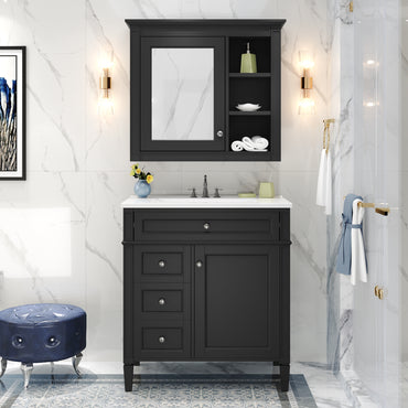 VanityFus 30-in Black Bathroom Vanity Single Sink Medicine Cabinet Combo with Ceramic Top Undermount 2 Soft Close Doors 3 Drawers (Mirror Included) Adjustable Shelves