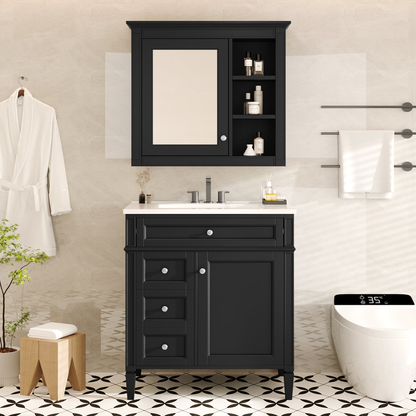 VanityFus 30-in Black Bathroom Vanity Single Sink Medicine Cabinet Combo with Ceramic Top Undermount 2 Soft Close Doors 3 Drawers (Mirror Included) Adjustable Shelves