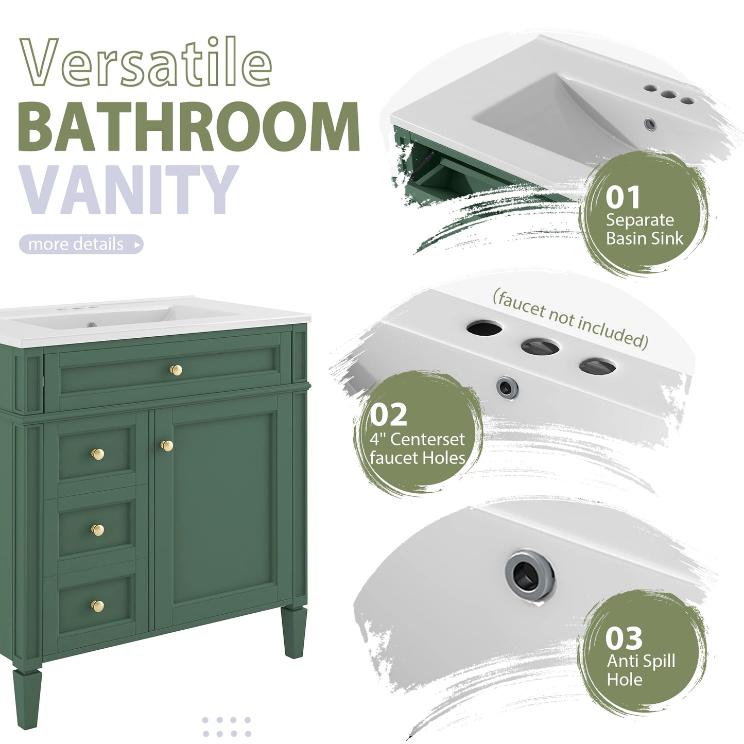 VanityFus Green 30-in Bathroom Vanity Single Sink Medicine Cabinet Combo with Ceramic Top Undermount 2 Soft Close Doors 3 Drawers Undermount Adjustable Shelves (Mirror Included)