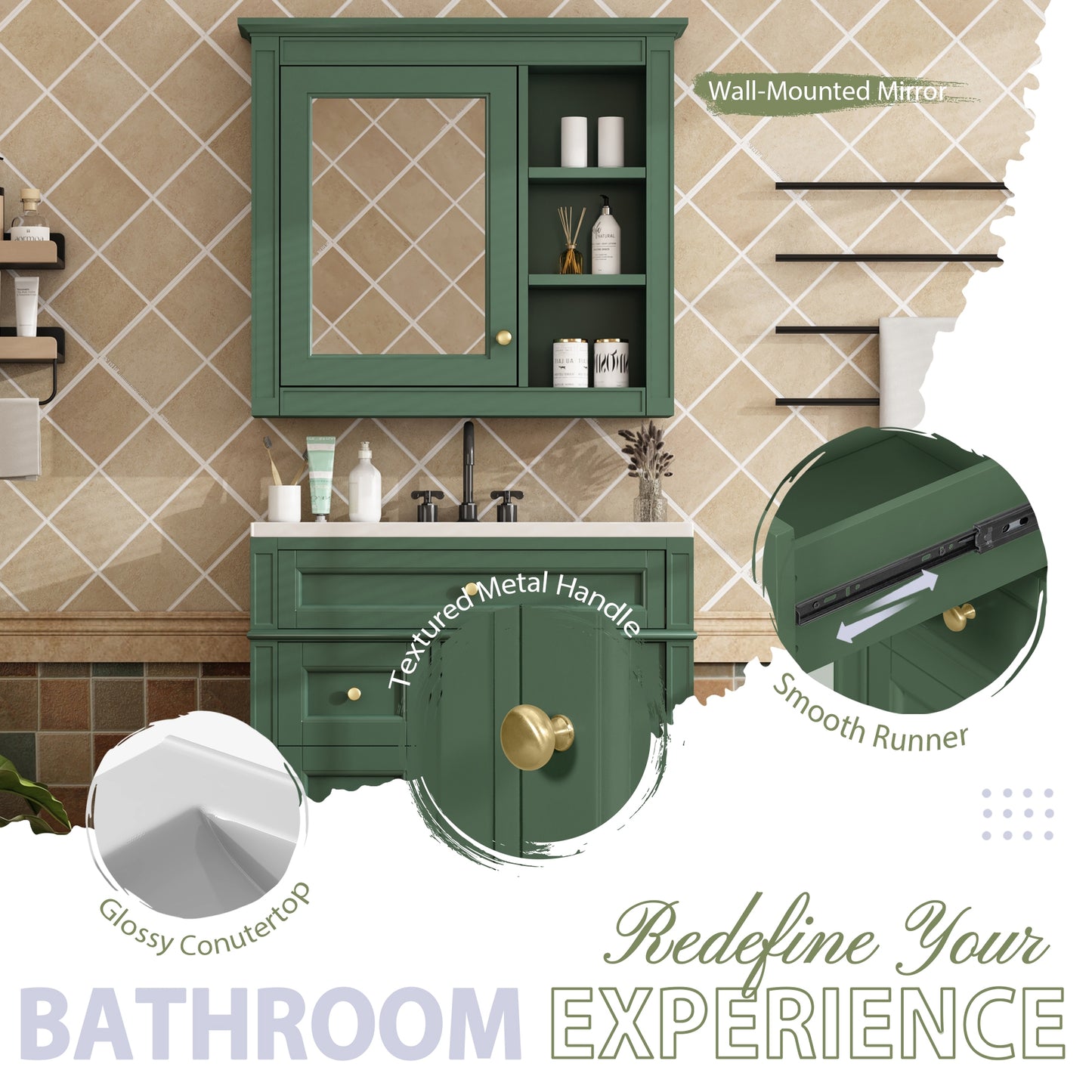 VanityFus Green 30-in Bathroom Vanity Single Sink Medicine Cabinet Combo with Ceramic Top Undermount 2 Soft Close Doors 3 Drawers Undermount Adjustable Shelves (Mirror Included)