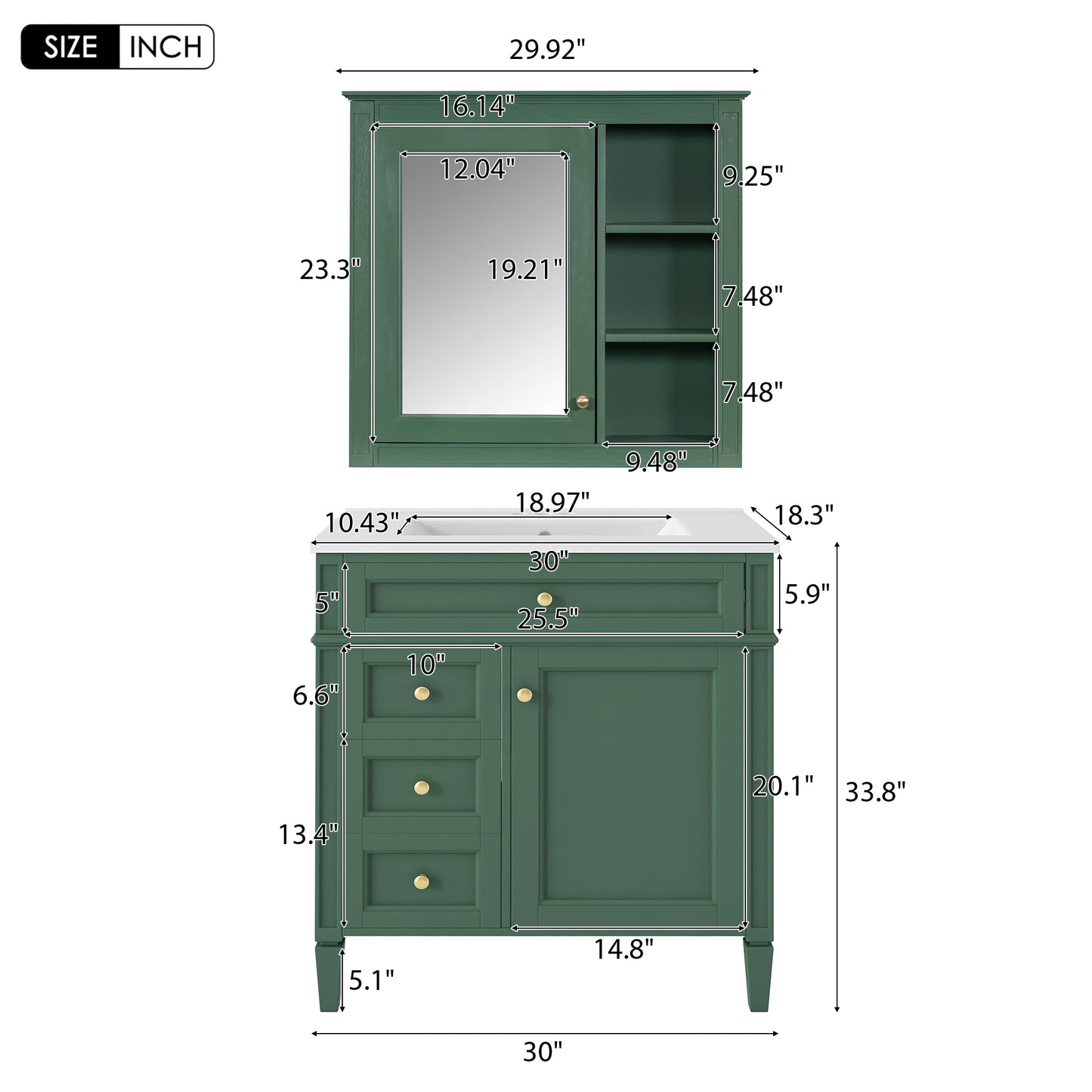 VanityFus Green 30-in Bathroom Vanity Single Sink Medicine Cabinet Combo with Ceramic Top Undermount 2 Soft Close Doors 3 Drawers Undermount Adjustable Shelves (Mirror Included)