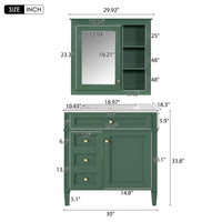 VanityFus Green 30-in Bathroom Vanity Single Sink Medicine Cabinet Combo with Ceramic Top Undermount 2 Soft Close Doors 3 Drawers Undermount Adjustable Shelves (Mirror Included)