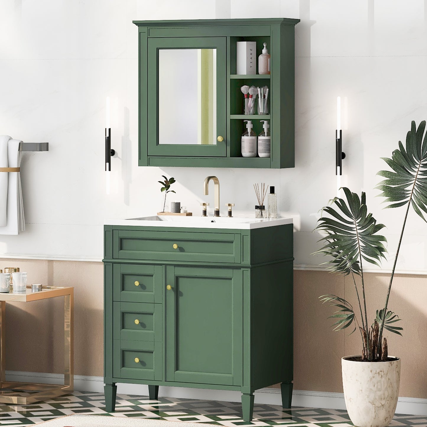 VanityFus Green 30-in Bathroom Vanity Single Sink Medicine Cabinet Combo with Ceramic Top Undermount 2 Soft Close Doors 3 Drawers Undermount Adjustable Shelves (Mirror Included)