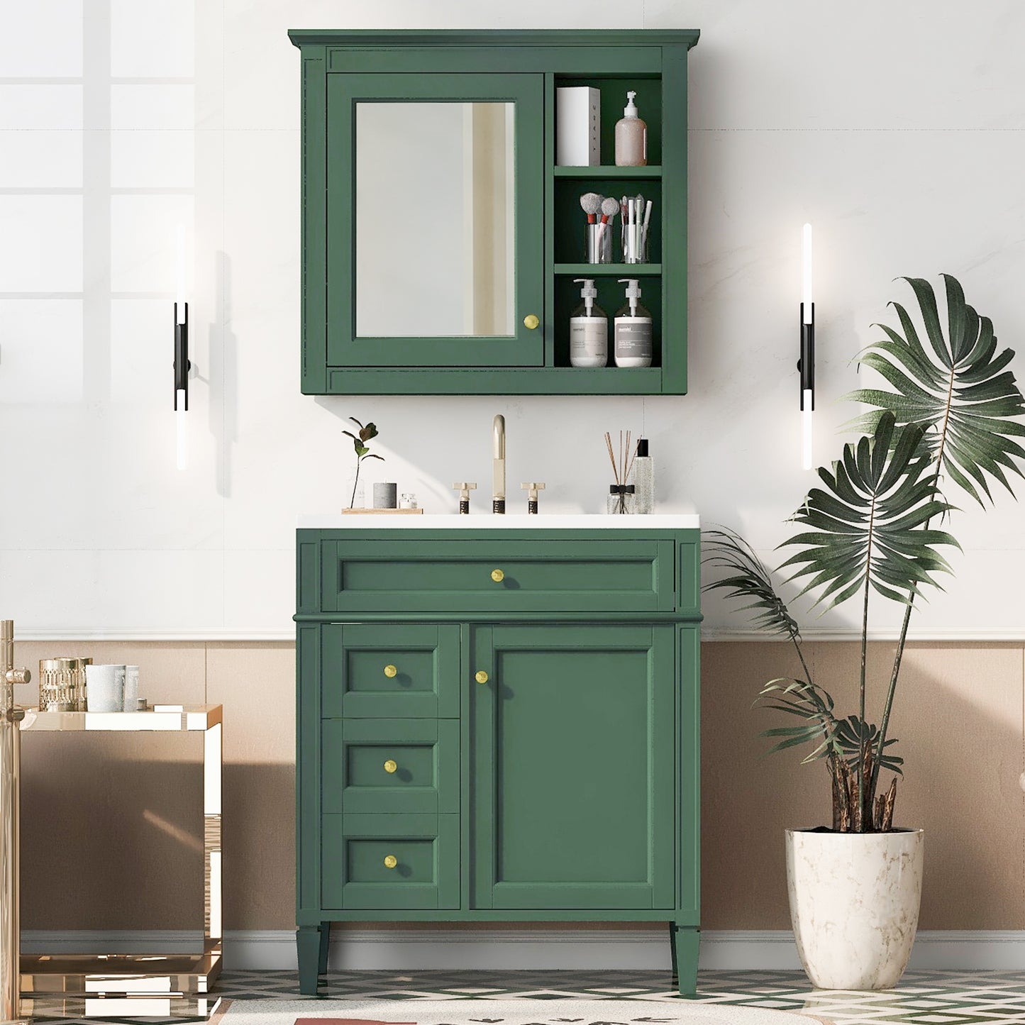VanityFus Green 30-in Bathroom Vanity Single Sink Medicine Cabinet Combo with Ceramic Top Undermount 2 Soft Close Doors 3 Drawers Undermount Adjustable Shelves (Mirror Included)