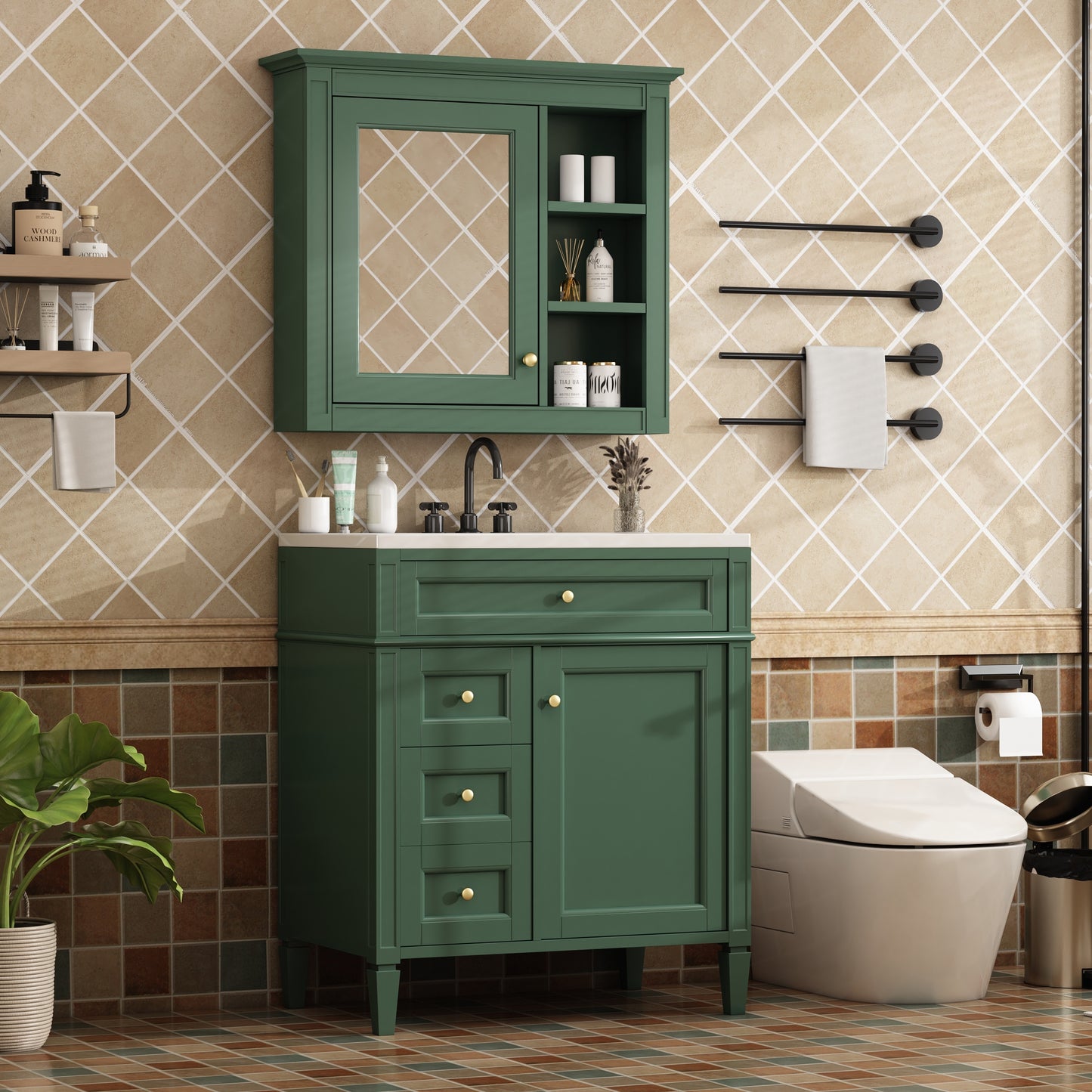VanityFus Green 30-in Bathroom Vanity Single Sink Medicine Cabinet Combo with Ceramic Top Undermount 2 Soft Close Doors 3 Drawers Undermount Adjustable Shelves (Mirror Included)