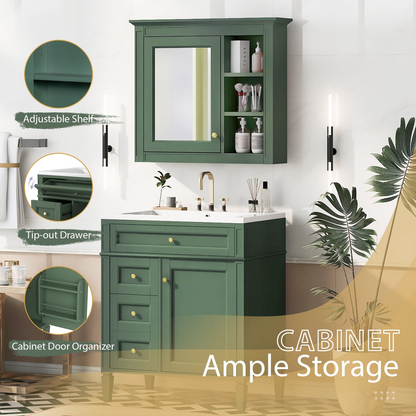 VanityFus Green 30-in Bathroom Vanity Single Sink Medicine Cabinet Combo with Ceramic Top Undermount 2 Soft Close Doors 3 Drawers Undermount Adjustable Shelves (Mirror Included)