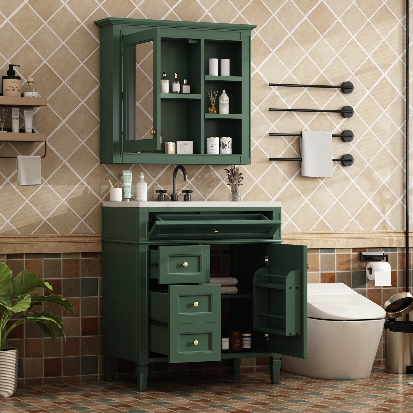 VanityFus Green 30-in Bathroom Vanity Single Sink Medicine Cabinet Combo with Ceramic Top Undermount 2 Soft Close Doors 3 Drawers Undermount Adjustable Shelves (Mirror Included)