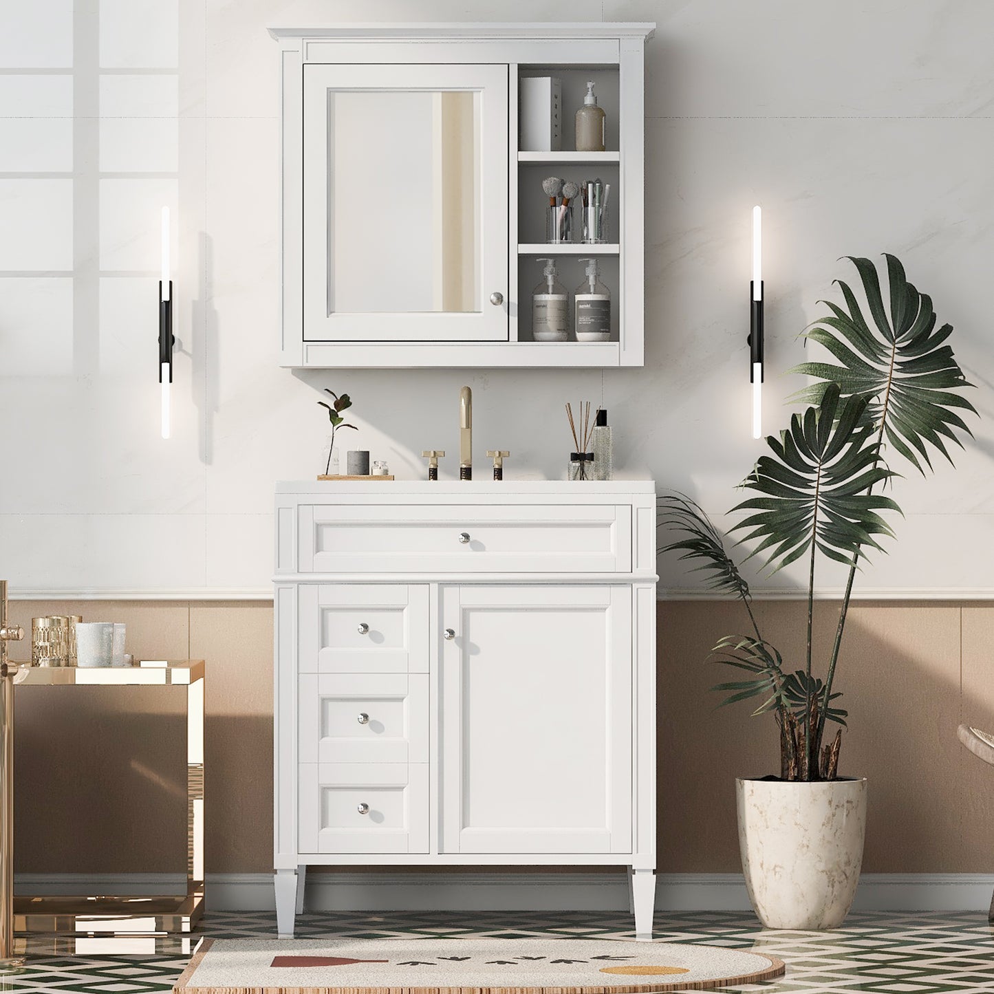 VanityFus 30-in White Bathroom Vanity Single Sink Medicine Cabinet Combo with Ceramic Top Undermount 1 Soft Close Door 3 Drawers (Mirror Included)