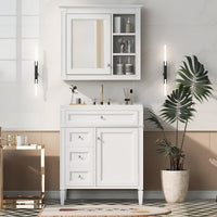 VanityFus 30-in White Bathroom Vanity Single Sink Medicine Cabinet Combo with Ceramic Top Undermount 1 Soft Close Door 3 Drawers (Mirror Included)