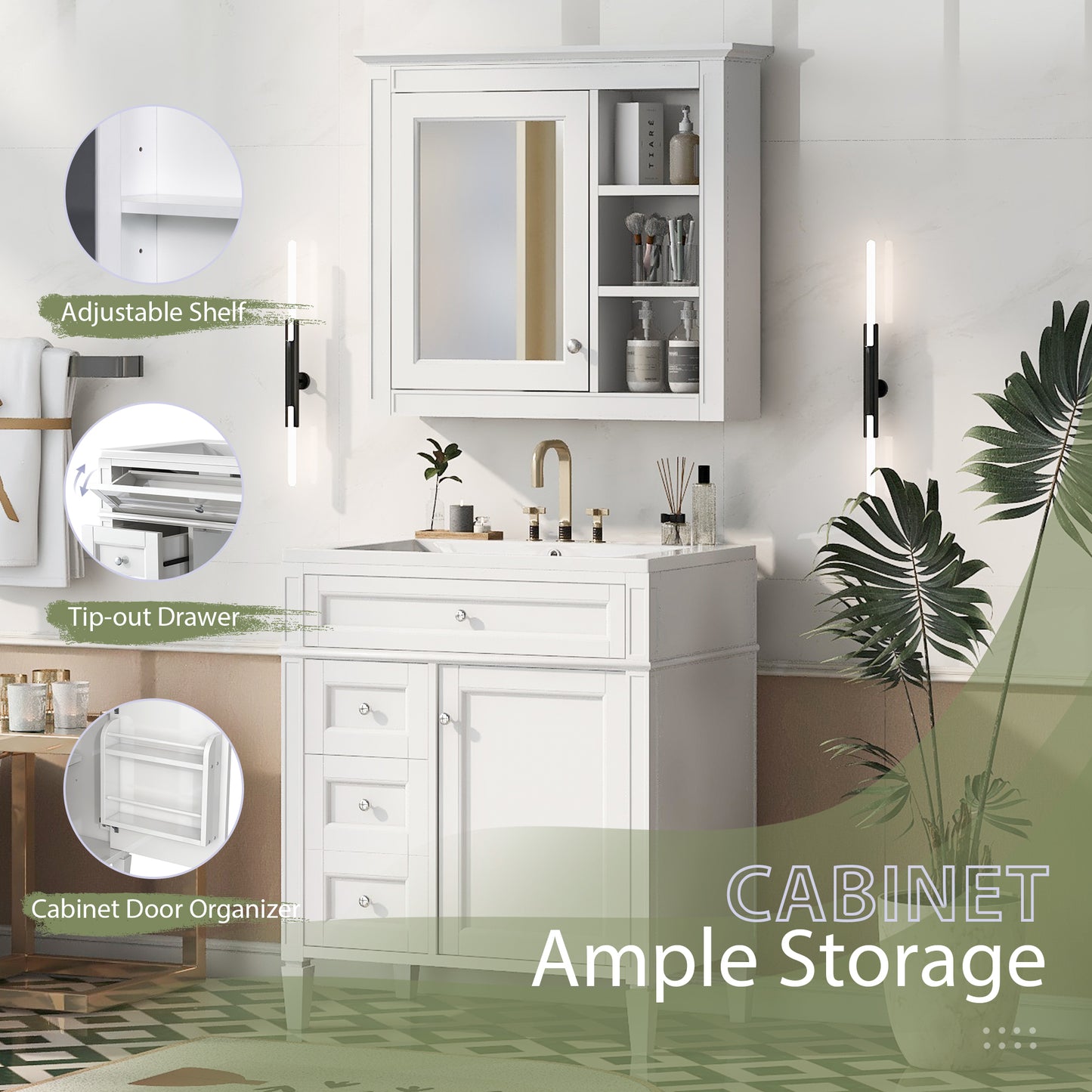 VanityFus 30-in White Bathroom Vanity Single Sink Medicine Cabinet Combo with Ceramic Top Undermount 1 Soft Close Door 3 Drawers (Mirror Included)