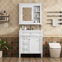 VanityFus 30-in White Bathroom Vanity Single Sink Medicine Cabinet Combo with Ceramic Top Undermount 1 Soft Close Door 3 Drawers (Mirror Included)