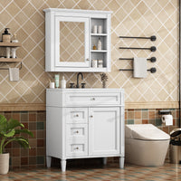 VanityFus 30-in White Bathroom Vanity Single Sink Medicine Cabinet Combo with Ceramic Top Undermount 1 Soft Close Door 3 Drawers (Mirror Included)