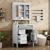 VanityFus 30-in White Bathroom Vanity Single Sink Medicine Cabinet Combo with Ceramic Top Undermount 1 Soft Close Door 3 Drawers (Mirror Included)