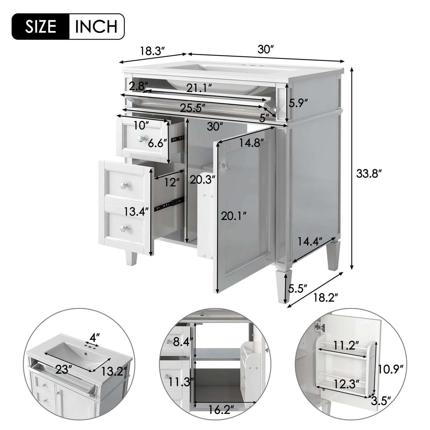 VanityFus 30-in White Bathroom Vanity Single Sink Medicine Cabinet Combo with Ceramic Top Undermount 1 Soft Close Door 3 Drawers (Mirror Included)