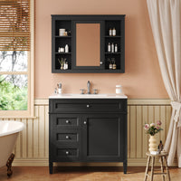 VanityFus 36-in Black Bathroom Vanity Single Sink Combo with Ceramic Top Undermount 2 Soft Close Doors 3 Drawers Adjustable Shelves